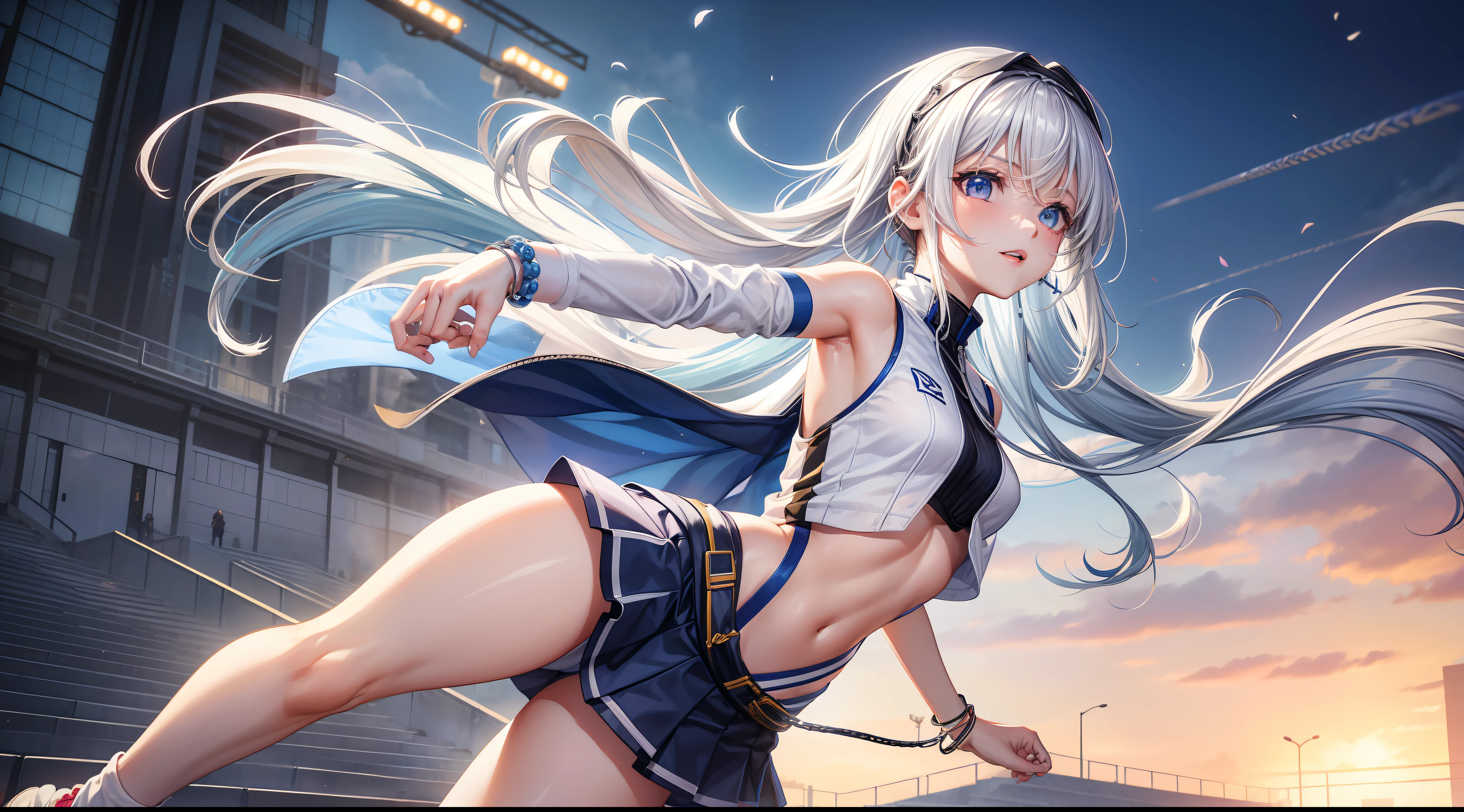 (Extreme Detail CG Unity 8K Wallpapers,tmasterpiece,Highest image quality),(Delicate light and shadow,The picture is highly dramatic,Cinematic lens effect)A youthful student babes standing on the sports field、white clothes、Silver shiny hair、Sporty wind、Superskirt、self-assured、vibrancy、Tall、slim、shairband、Bundle up、youthfulenergy、Sports-style clothing、Bright colors、Thin waistband、Fashionab、Wrist watch、Tall hands、slim、feign、Light-colored sports suit、self-assured、Live chain、White sneakers、Eyes、resolution、Sports hand straps、hair pin、Hair rope、Headbands、Bracelet、Anklets、Leg socks、耳Nipple Ring、Falling debris、with beautiful colors、youthfulenergy、adolable、quadratic element、Brush stroke、中景 the scene is、Full body like
