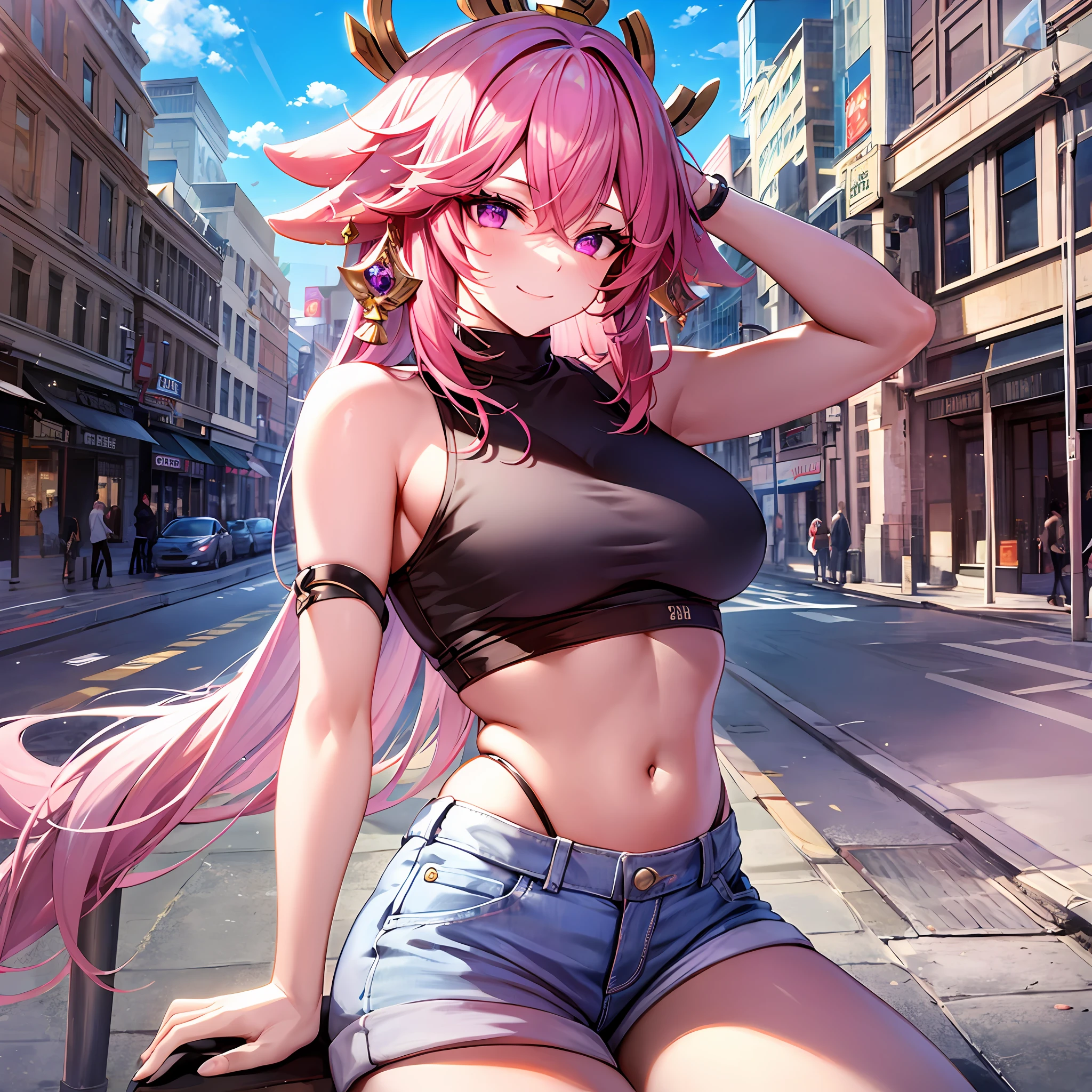 masterpiece, best quality, ultra-detailed), yae miko \(genshin impact\), (pink hair), swept bangs, braid, braided bangs, purple eyes, pink eyes,
(wearing a t-shirt:1.2), sitting on a chair outside of caf, embracing the natural beauty, sunlight, beautiful cloudy sky, city, street, denim shorts, black stocking,
medium breasts, thick thighs, critical angle, cowboy shot, arm behind head, arm behind back, armpits, light smile, crop top, strong and seductive expressions