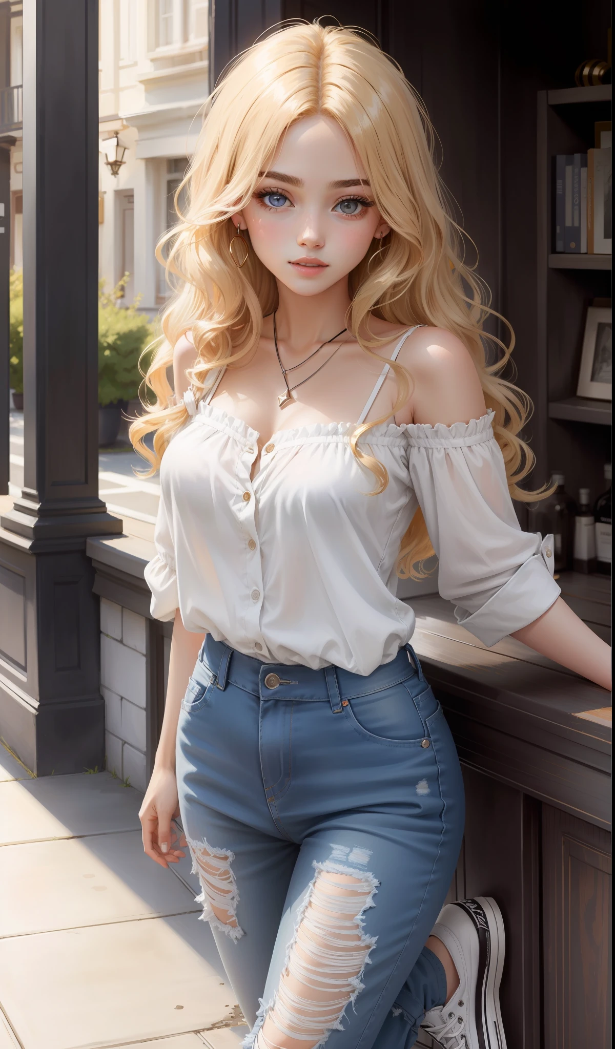 a woman in a cream coloured blouse hanging loosely on the shoulders, white ripped jeans , cute face, black converse shoes, 17 years old, adult face, long slightly wavy hair, ((honey coloured hair)) and gleaming detailed vibrant violet eyes, slim frame, medium breasts, long legs, beautiful face