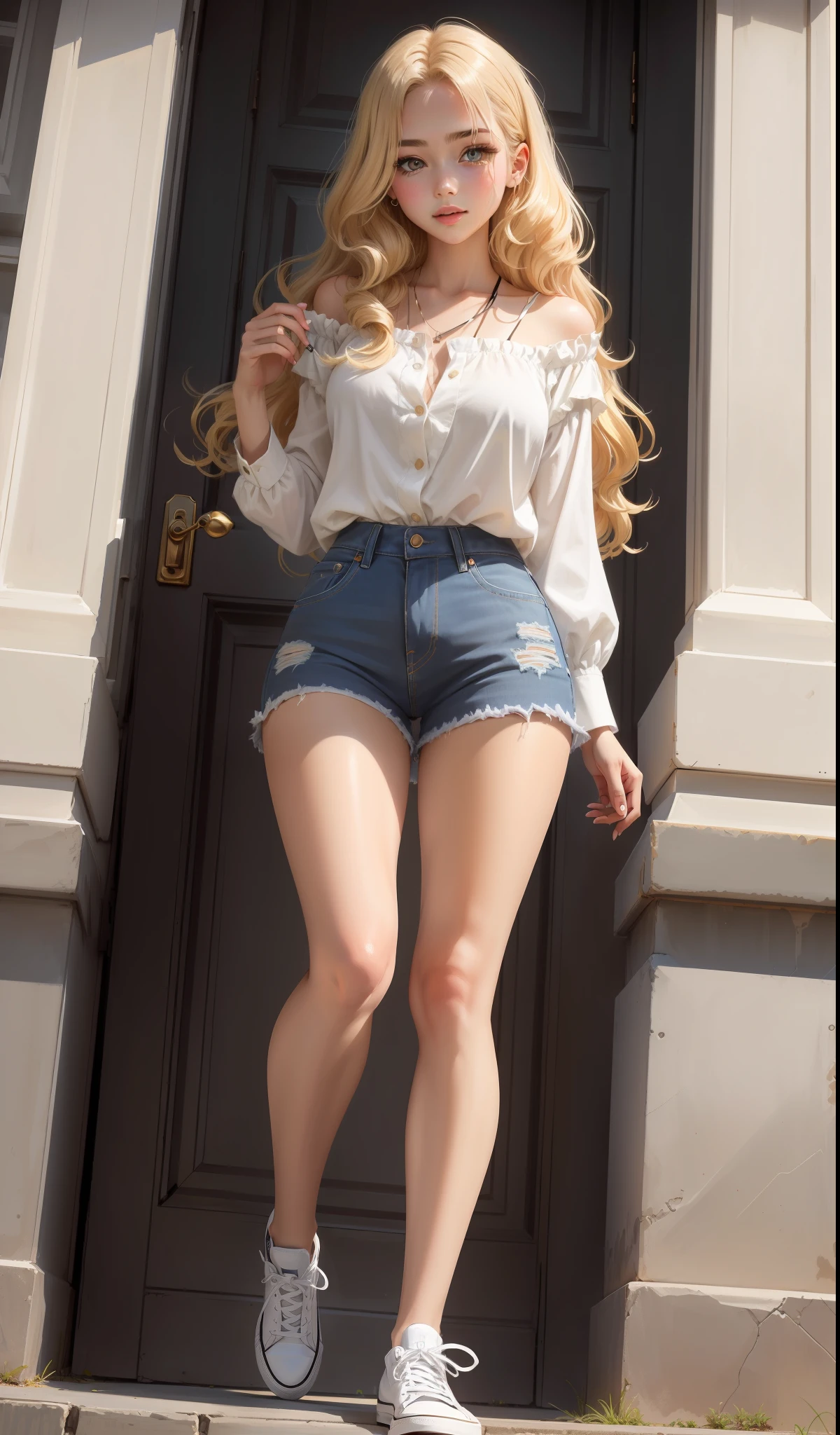 a woman in a cream coloured blouse hanging loosely on the shoulders, white ripped jeans , cute face, black converse shoes, 17 years old, adult face, long slightly wavy hair, ((honey coloured hair)) and gleaming detailed vibrant violet eyes, slim frame, medium breasts, long legs, beautiful face