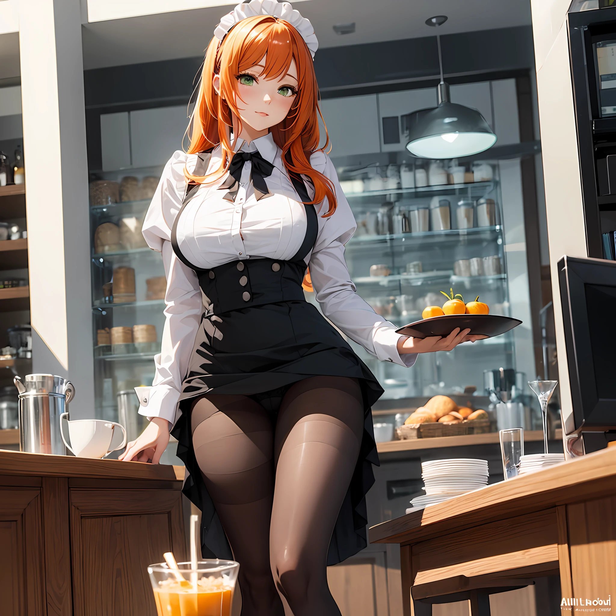 /draw ai_generated curvy_body curvy_female curvy_figure The average cup size female_only huge_breasts looking_at_viewer +maid solo_female solo_focus stable_diffusion waitress orange_hair green_eyes lifts the skirt showing black panties legs in pantyhose --auto