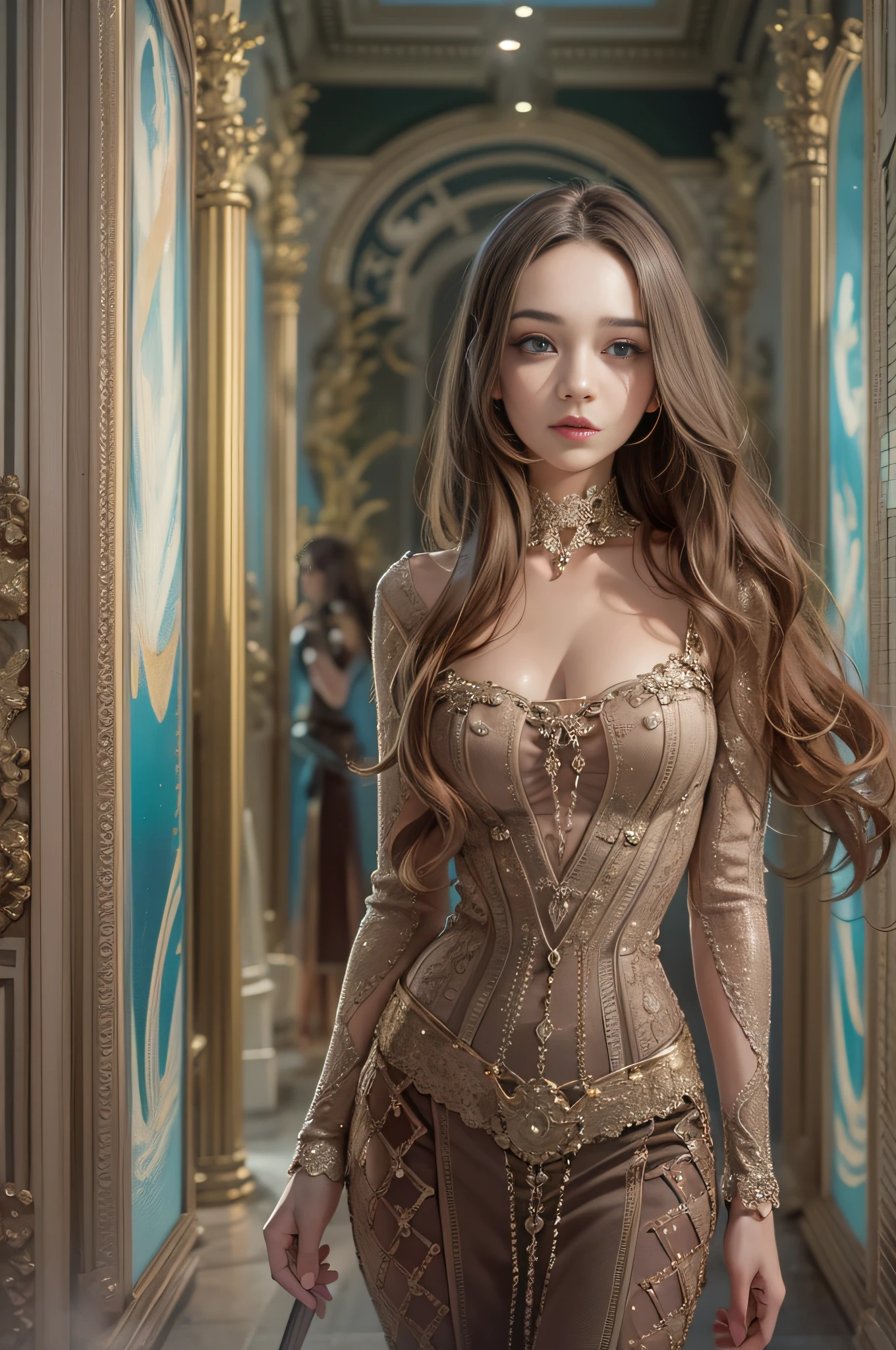 Model woman posing, very beautiful, background is a room in the museum, very long hair, gradient eyes, makeup, cinematic lighting, blind box toy style, first-person view, Canon, UHD, retina, masterpiece, ccurate, anatomically correct, textured skin, super detail, high details, high quality, award winning, best quality, highres, 1080P, HD, 4K, 8k, 16k