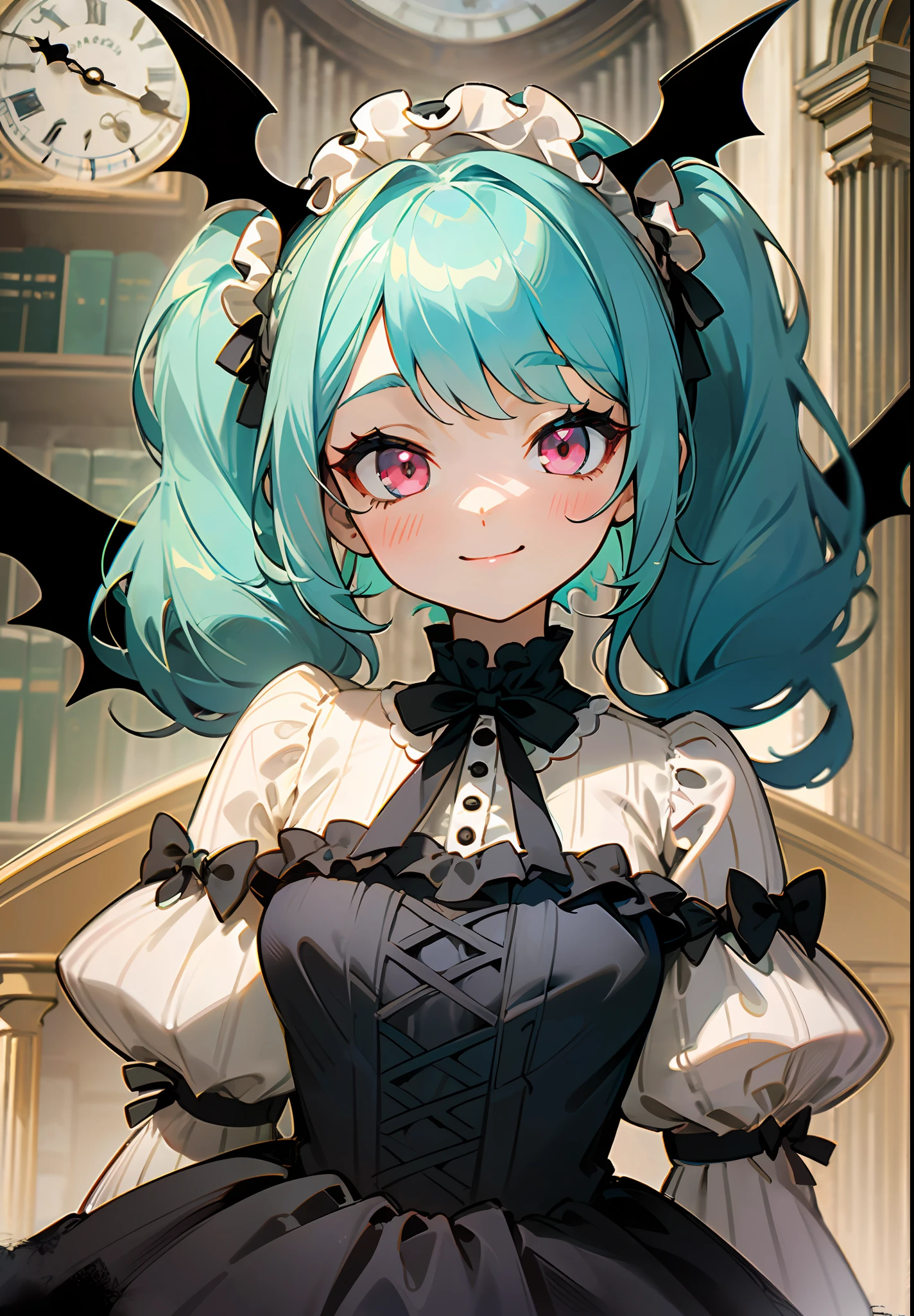 ((Dynamic Angle)), ((loli)), (child), (独奏), (canny smile), (turquoise hair), (ponytails), (pink eyes), (bat wings on the head), (Gothic dress), (Lolita Dress), (vintage dress), (Black Dress), (frilld), (beige frill), (Bows), (Vertical stripes), ((Clock face in the background)), (library)