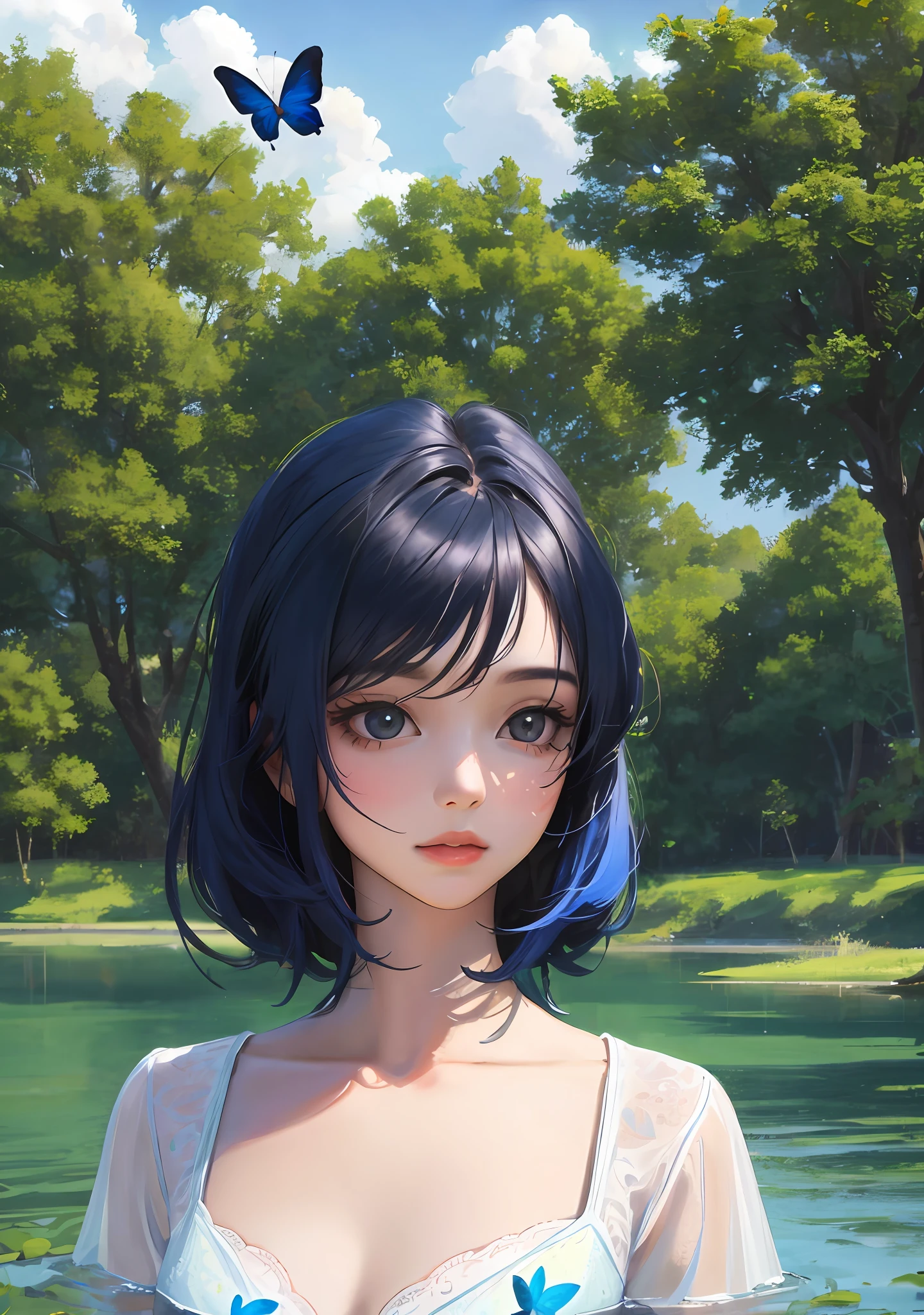 Cute girl, highres, masterpiece, realistic, 1 girl, medium breast, blue hair, black eye, lake, cloudy, butterfly, tree, beautiful