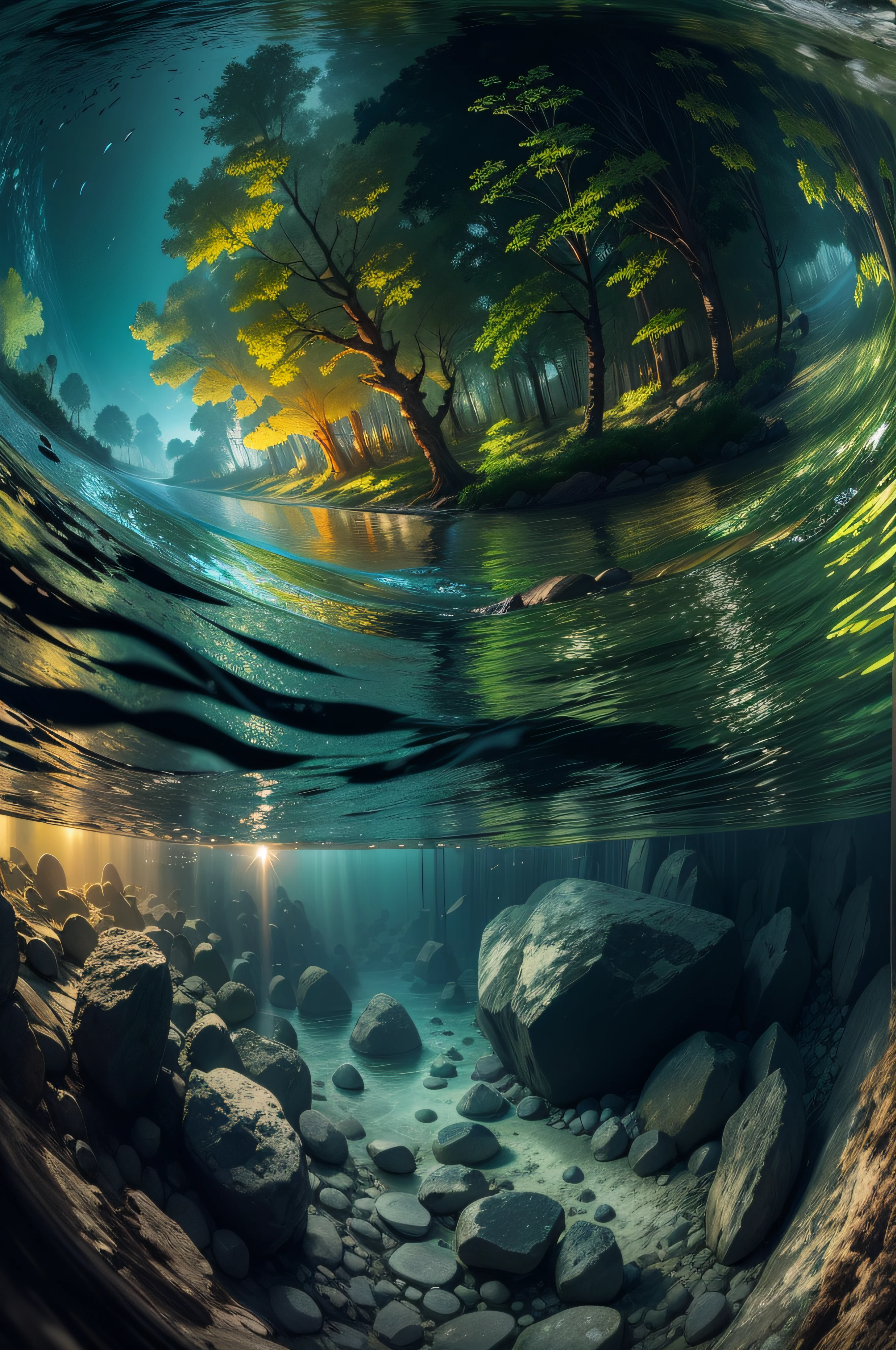 view from under the water, fish-eye view underwater river and forest at sunset, realistic chiaroscuro lighting, formations of rocks, highly high quality photo, 8k, infinite depth