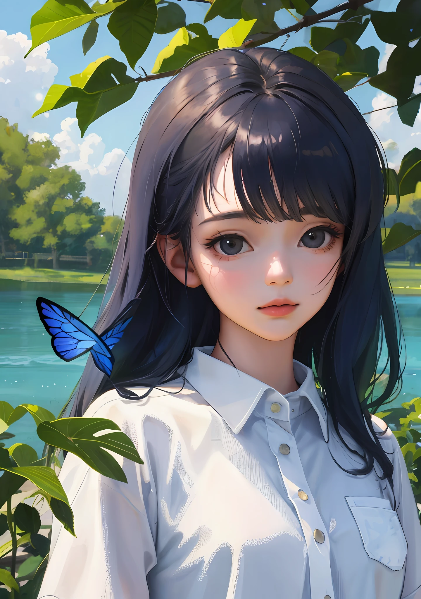 Cute girl, highres, masterpiece, realistic, 1 girl, medium breast, blue hair, black eye, lake, cloudy, butterfly, tree, beautiful