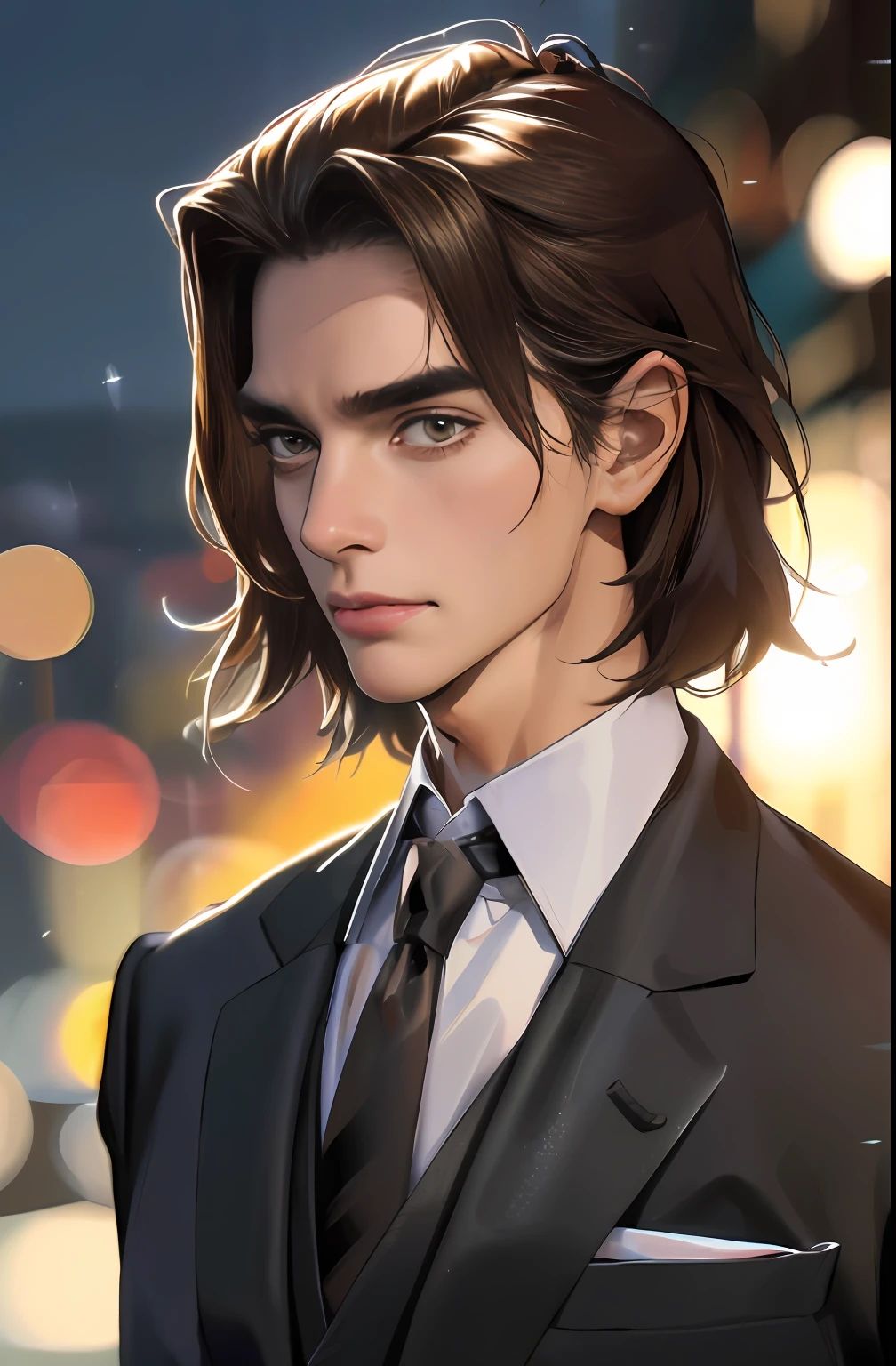 (absurdres, highres, ultra detailed, realistic, ), 1 male, solo, adult, mature, tall muscular guy, broad shoulders, handsome, very short hair, black hair, brown eyes, angular jaw, thick neck, thick eyebrows, night, dark, the night view of the city background, formal suit, necktie, upper body
