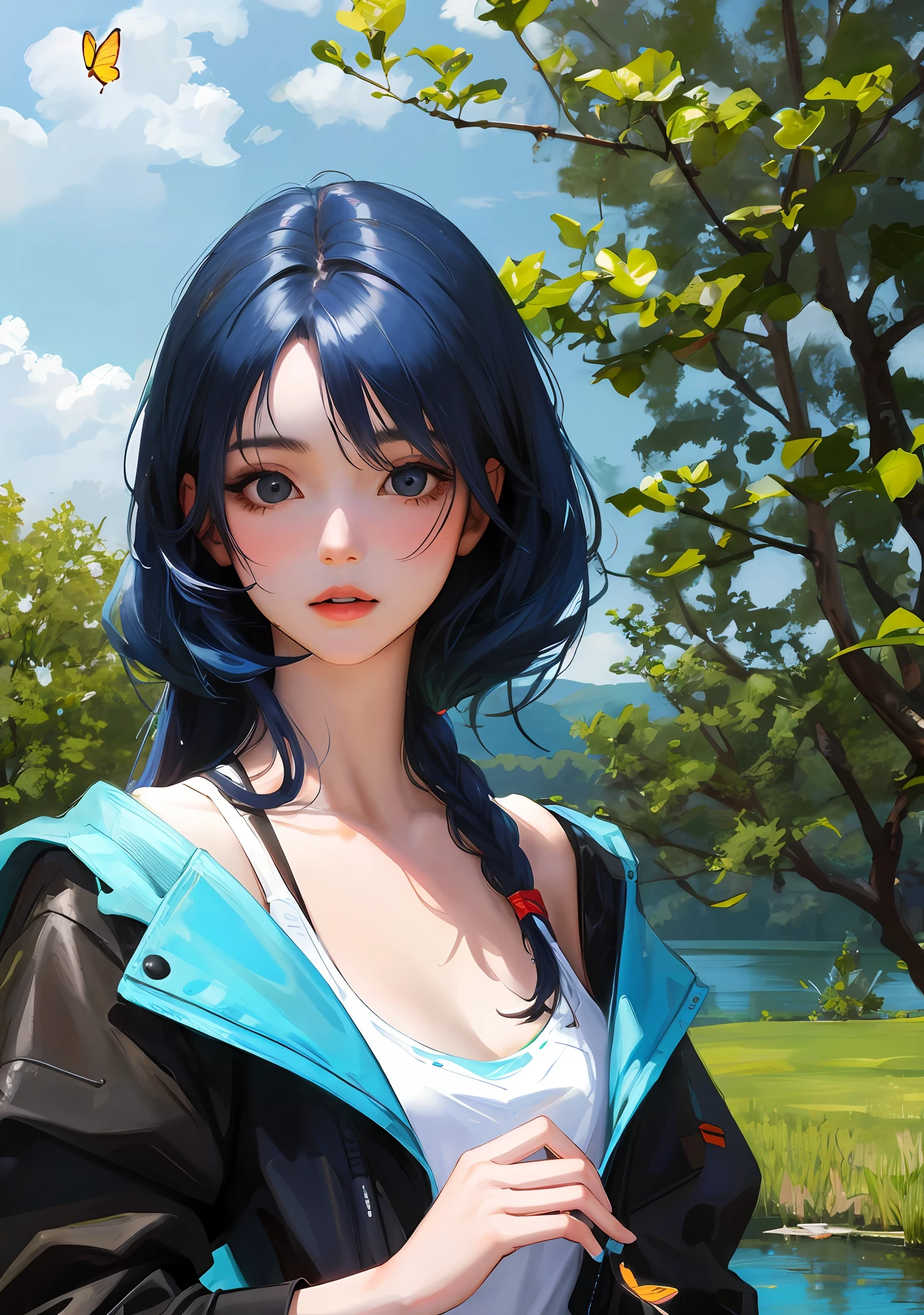 Cute girl, highres, masterpiece, realistic, 1 girl, medium breast, blue hair, black eye, lake, cloudy, butterfly, tree