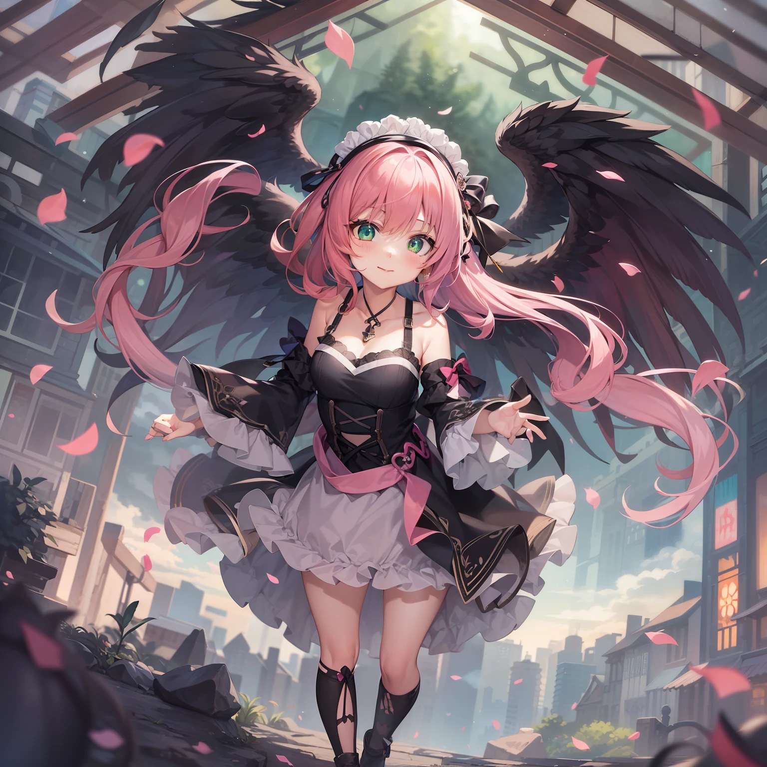 1 girl in、anime styled、cute little、(Bright pink hair)、(shorth hair)、A slight smil、(emeraldgreen eyes)、Fallen Angel、Sexy knitted clothes、Black dress、hightquality、best qualtiy、up of face、Fold your hands in front of you