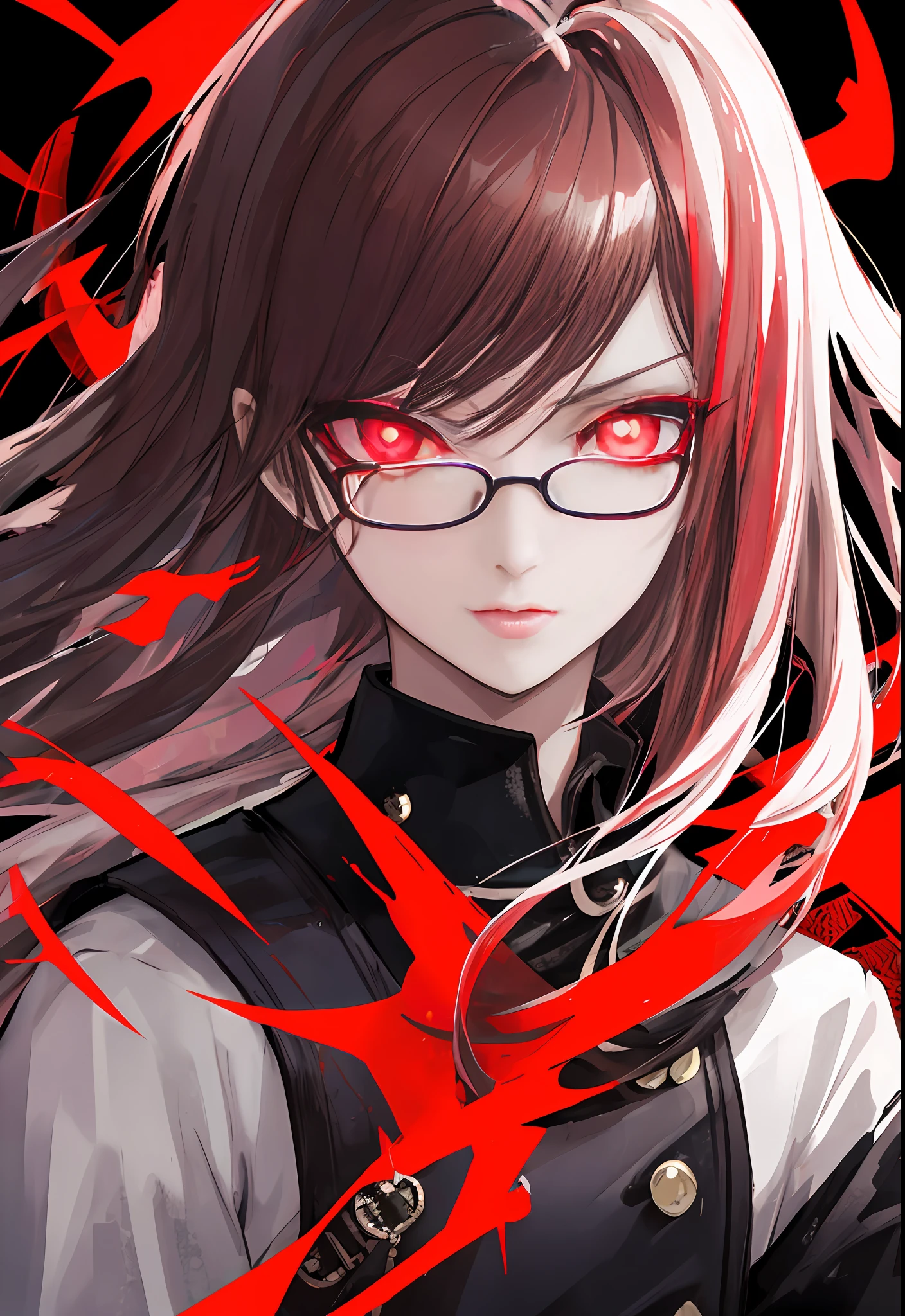 Anime, Red-eyed girl with glasses staring into the camera, with red glowing eyes, with glowing red eyes, Red glowing eyes, Glowing red eyes, red eyes glowing, Badass anime 8 K, style of anime4 K, Anime moe art style, with glowing eyes, Red-eyed, red - eyed, Epic anime style, Persona 5 Art Style WLOP1boy， （Close-up of face， tmasterpiece， best qualtiy：1.2）， 8K， offcial art，（smokey red eye shadow with glitter， Glazed pink red lip：1.1）， （Very dark background：1.4）， hdr， Face light， Ultra photo realsisim， A high resolution， photography of， filmgrain， color difference， Sharp focus， hdr， Face light source， 动态照明， cinmatic lighting， Professional shadows， dark shadow，Most detailed，extremy detailed，Hyper-detailing，finedetail，realskin，exquisitefacialfeatures，Detailed face and eyes，Sharp pupils，realistic pupil，（brunette color hair：1.4）