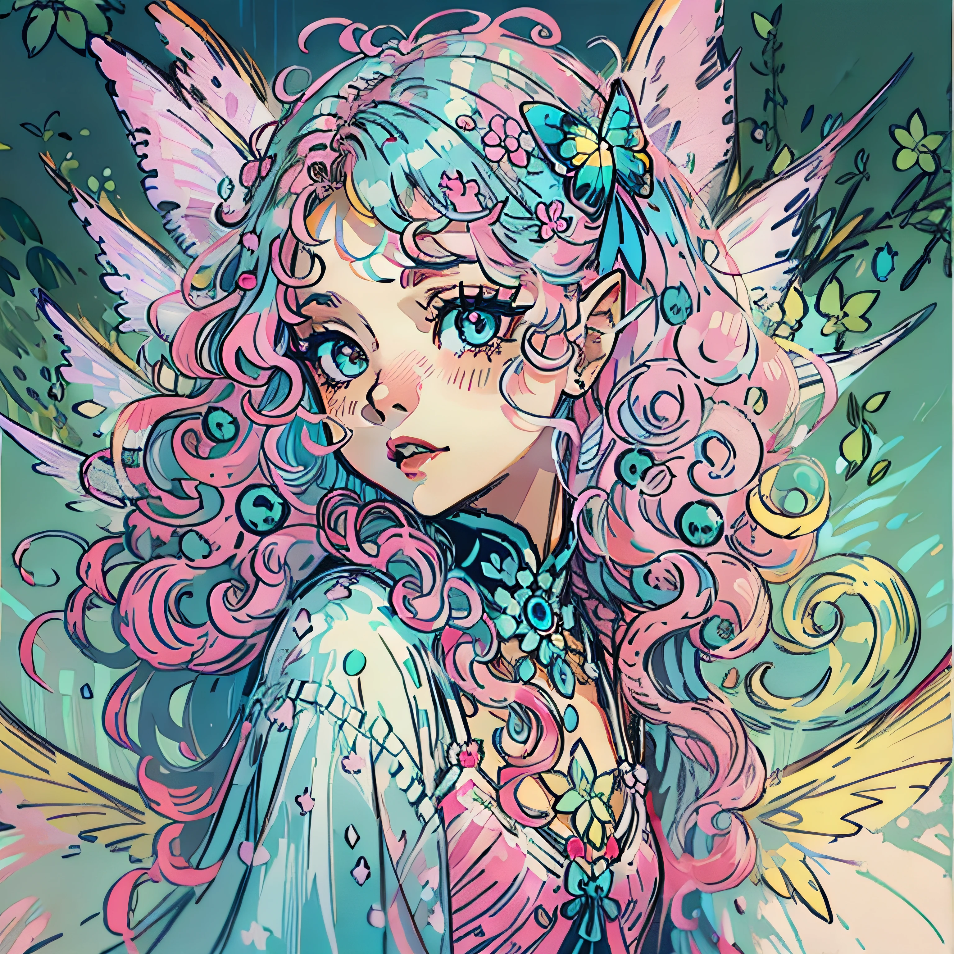 small, fairy, blue and pink curly hair, bright wings, jade eyes