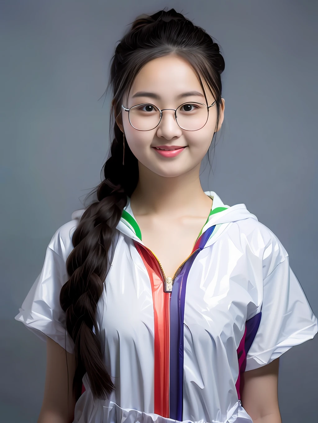A -yeld Chse female high school student,Wearing a PVC green sweatshirt