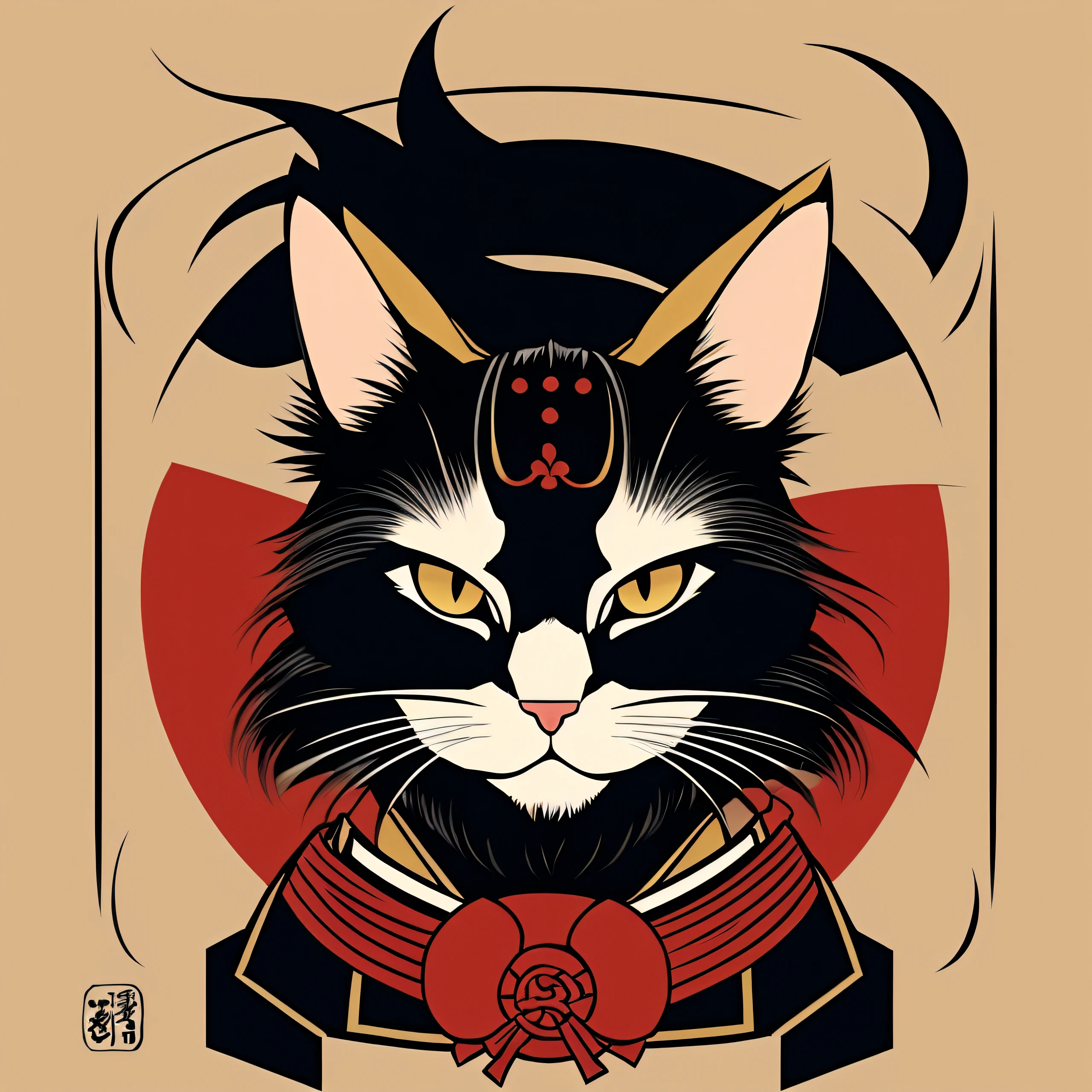 there is a black and white cat with a red bow tie, samurai cat, anthropomorphic cat ninja, inspired by Tōshūsai Sharaku, inspired by Utagawa Kunimasu, neko, hiro, inspired by Tom Whalen, inspired by Utagawa Kunimasa, cat warrior, inspired by Utagawa Toyoharu --auto