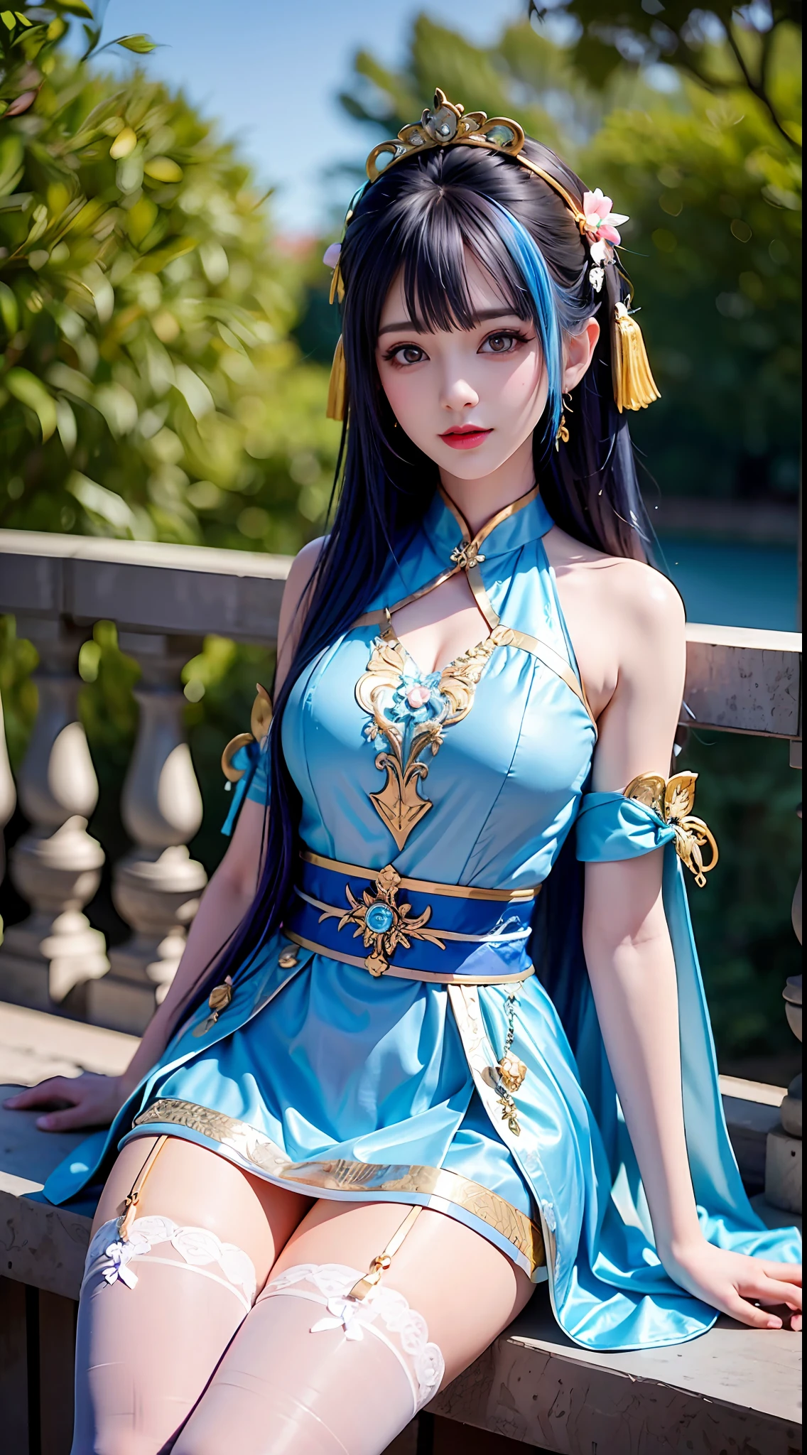 In the daytime, Dark blue sky,Outdoor riverside, 校服,Lace clothes, Superskirt, Long pink and blue hair, Long hair and waist, Beautiful teenage girl, oh, God, divinity, white headgear, Sit on the railing,opening legs,White lace stockings ,Stockings strangle,Hairline, slanted bangs, shairband, hair adornments, forehead jewel, Jewel branch of Paulai, Crescent hair ornaments, fish hair ornament, God Ray, glitters, cinmatic lighting, Lens glare, hyper HD, high detal, high qulity, A high resolution, best qualtiy, 8K, 16k, high detal, high qulity, super detailing, ??????? correct, tmasterpiece, ccurate
