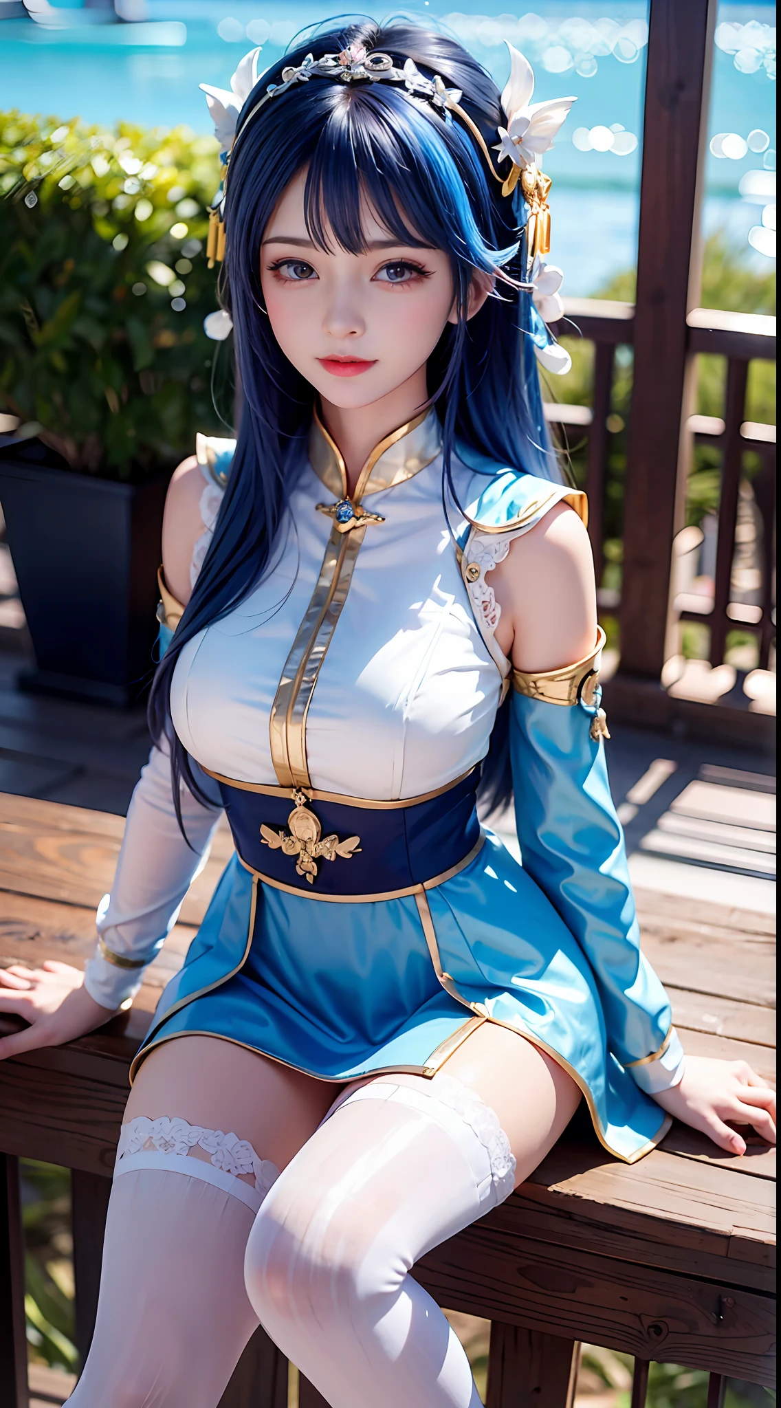 In the daytime， Dark blue sky，Outdoor riverside， 校服，Lace clothes， Superskirt， Long pink and blue hair， Long hair and waist， Beautiful teenage girl， oh, God， divinity， white headgear， Sit on the railing，opening legs，White lace stockings ，Stockings strangle，Hairline， slanted bangs， shairband， hair adornments， forehead jewel， Jewel branch of Paulai， Crescent hair ornaments， fish hair ornament， God Ray， glitters， cinmatic lighting， Lens glare， hyper HD， high detal， high qulity， A high resolution， best qualtiy， 8K， 16k， high detal， high qulity， super detailing， anatomy correct， tmasterpiece， ccurate