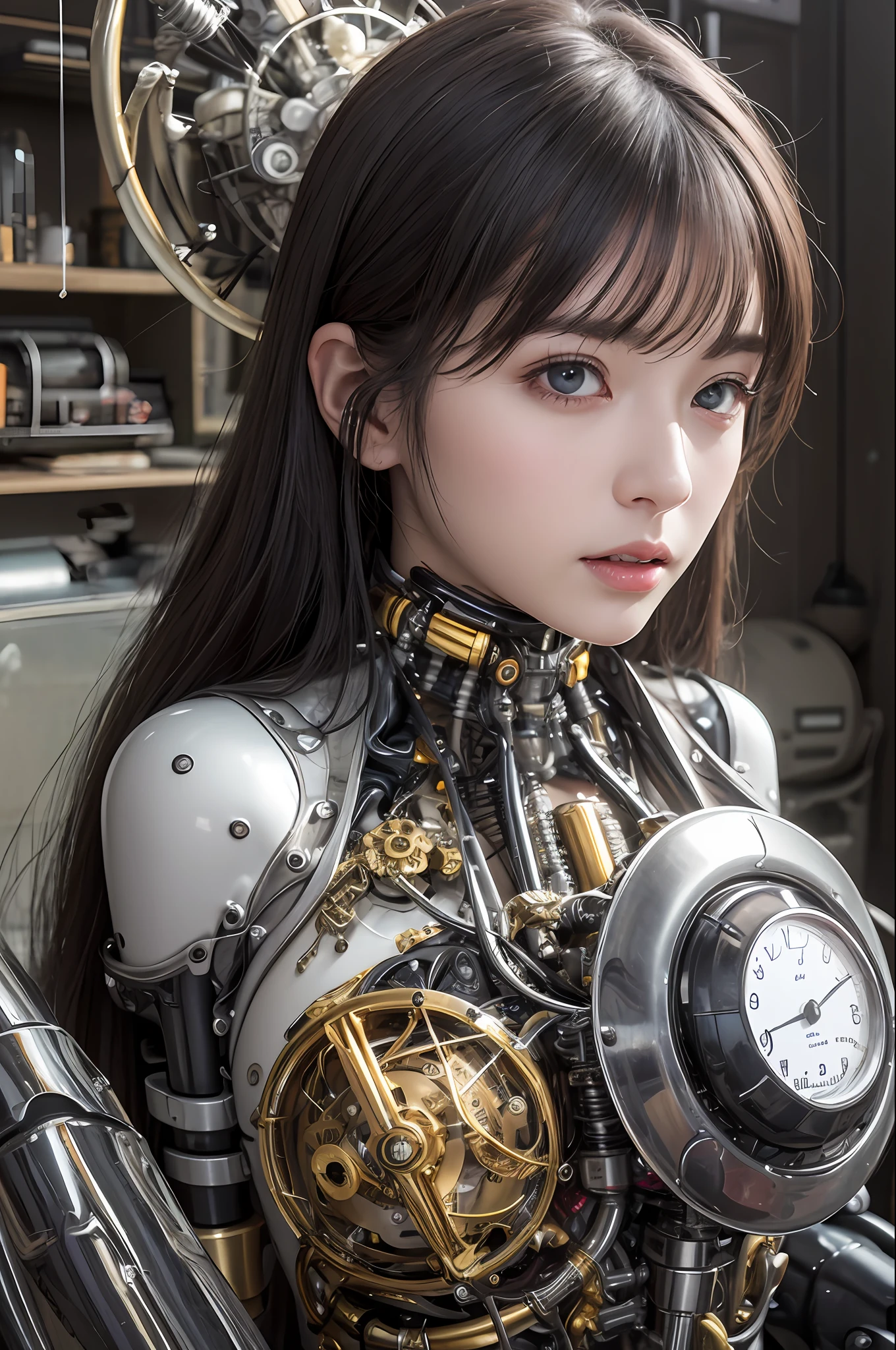 top-quality、masterpiece、超A high resolution、(Photorealsitic:1.4)、Raw photo、Mechanical Angel、large wings made of metal、White Latex Body、女の子1人、Black hair、glowy skin、1 Mechanical Girl、((super realistic details))、portlate、globalillumination、Shadow、octan render、8K、ultrasharp、character edge light,Colossal tits、Raw skin is exposed in cleavage、Details of complex ornaments、White Latex Body、vacuum tubes、Nixie Kan、Oil pressure gauge、Glass Kan、Analog Meter、gear wheel、gear、Golden hydraulic cylinder、highly intricate detail、Realistic light、CGSoation Trends、a purple eye、radiant eyes、Facing the camera、neon details、Mechanical limbs、blood vessels connected to tubes、Mechanical vertebrae attached to the back、mechanical cervical attaching to neck、sitting on、Wires and cables connecting to the head、Sumerian details、Small LED lamp、