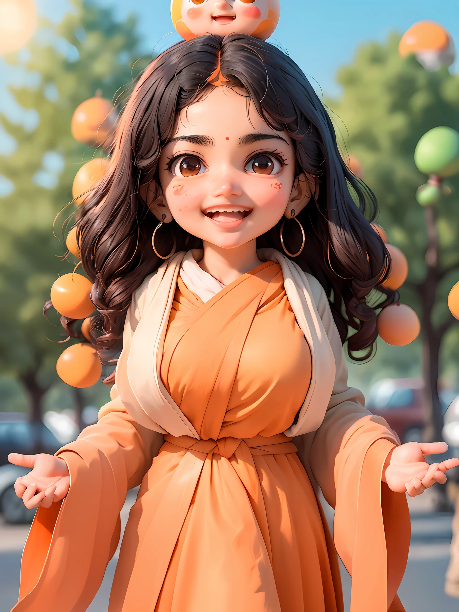 Sai pallavi, (Masterpiece), (Extreme), (Super detailed),(Body:1.9),1girl, sunshine, cute, orange, (big head:1.8), doll, smile, open mouth, city, fashion, coat, blush, tree, shirt, short hair, orange, orange headdress, blurred, long sleeves, bangs, black hair, (beautiful and detailed face), (beautiful and detailed eyes),