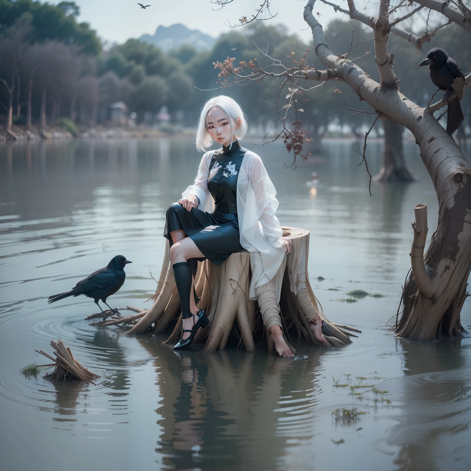 Asian girl, Vietnam. white hair with glossy clothes, photographer style Tim Walker, standing on the water, behind is a dry tree stump with crows, taken with 24mm lens, canon eos 1dx mark iii camera, 8k quality