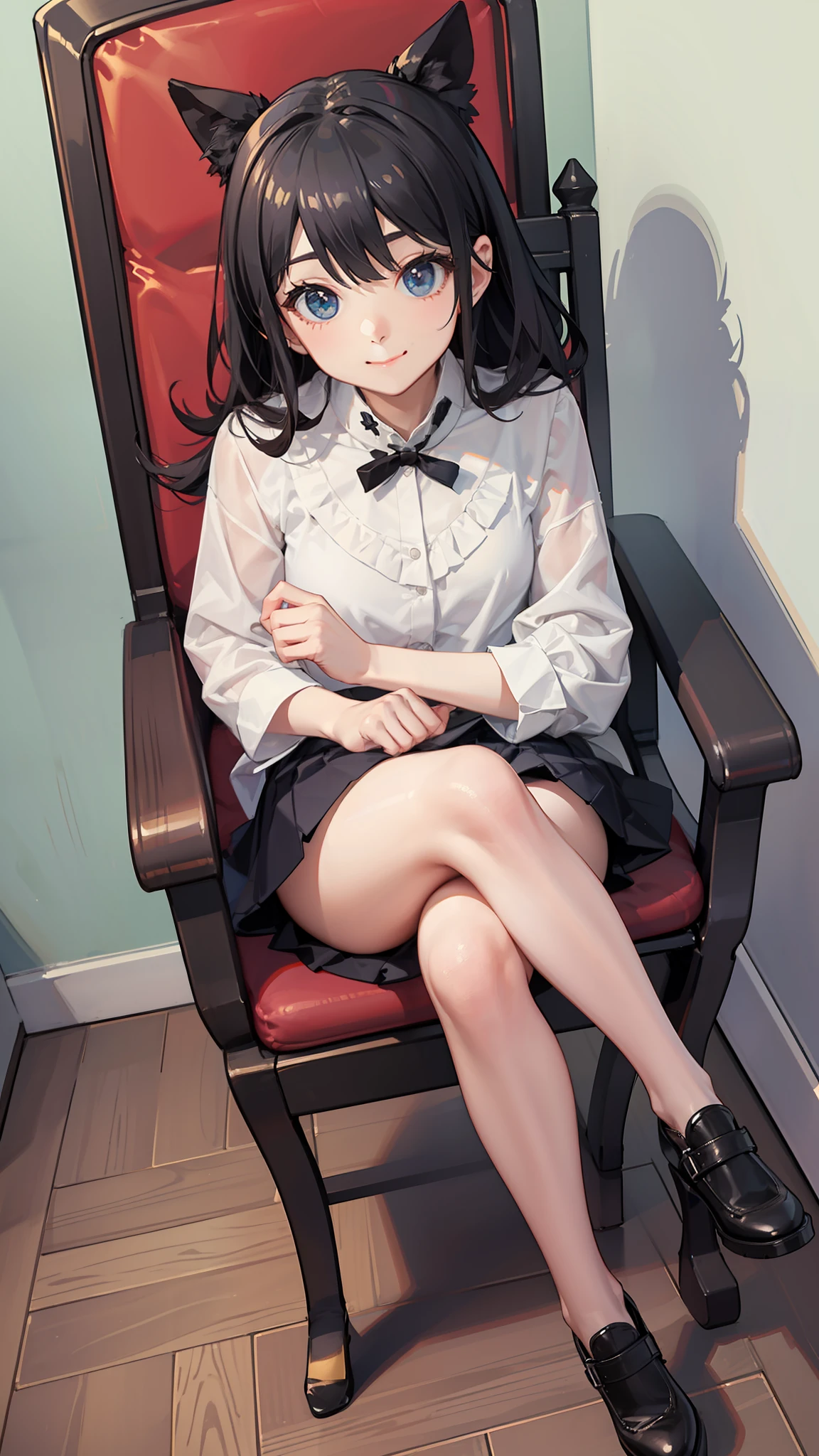 top-quality、masterpiece、kawaii girl、a miniskirt、Sitting on a chair and gracefully crossing legs、A slight smil、