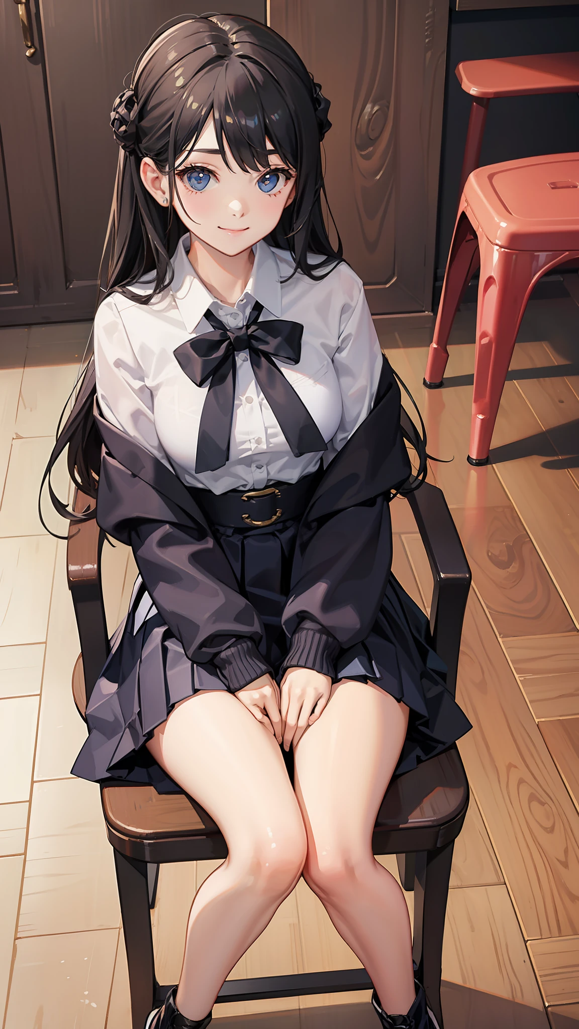 top-quality、​masterpiece、kawaii girl、a miniskirt、Sitting on a chair and gracefully crossing legs、A slight smil、