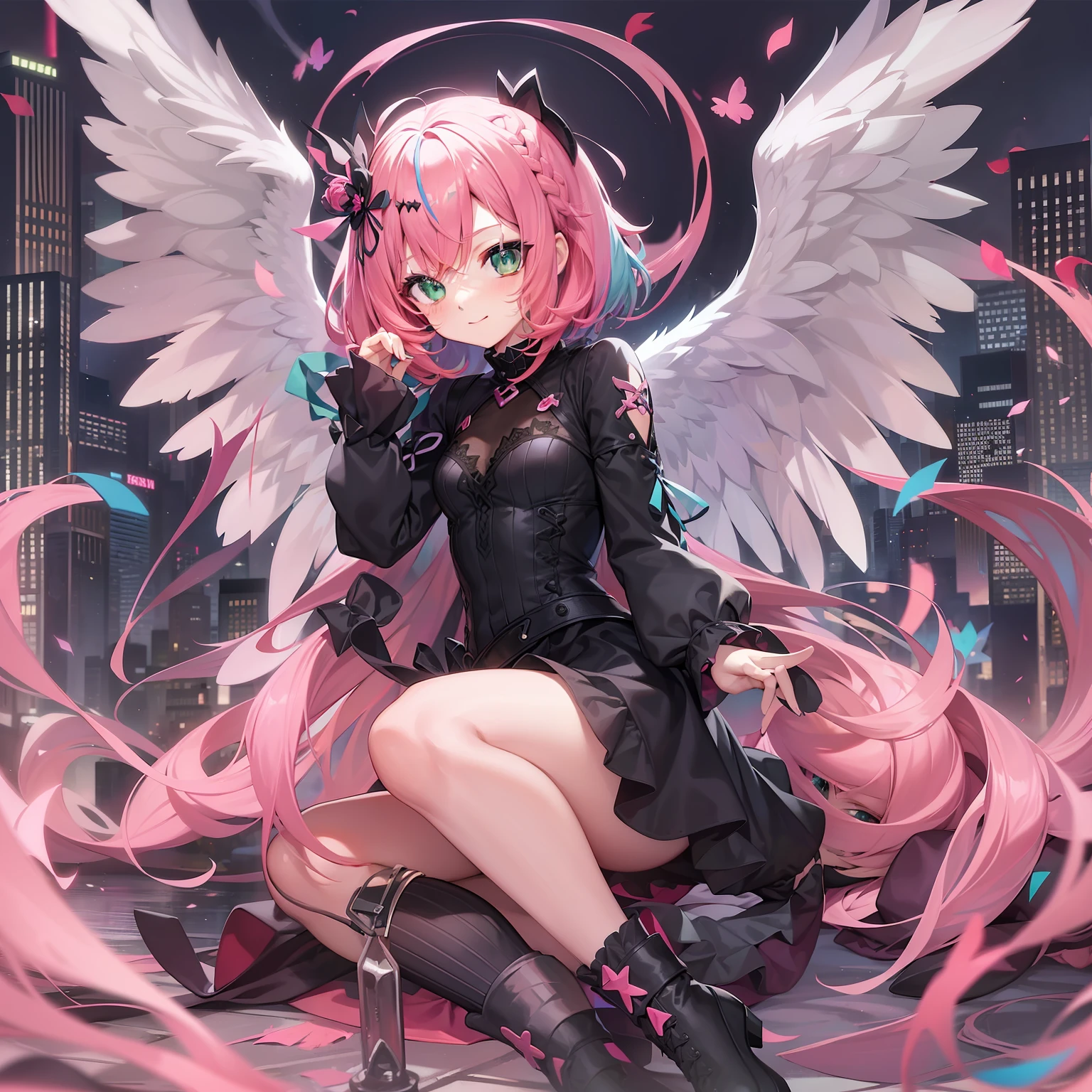 1 girl in、anime styled、cute little、(bright pink hair)、(shorth hair)、A slight smil、(emeraldgreen eyes)、Fallen Angel、Sexy knitted clothes、Black Dress、hightquality、best qualtiy、up of face、Fold your hands in front of you