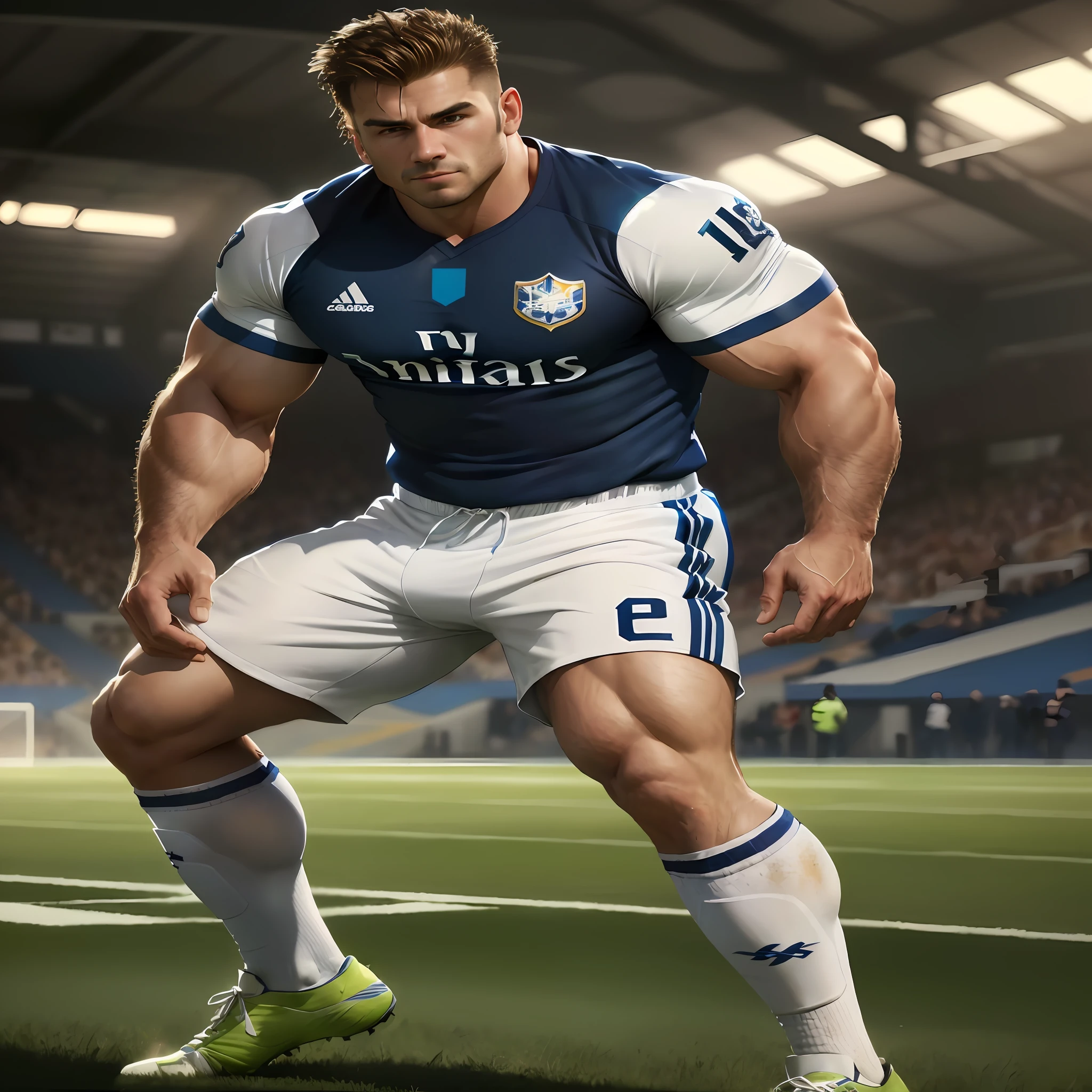 Alafed footballers wear blue and white uniforms on the pitch, Wallpaper phone, soccer player, Wallpaper phone, amazing wallpapers, muscular character, wallpaper mobile, Rolands Zilvinskis 3D rendering art, Big chest, arnold 3d render, arnold 3 d render, chest legs, Game CG, gigachad muscular, Ferdinand Naboo background, Big muscles