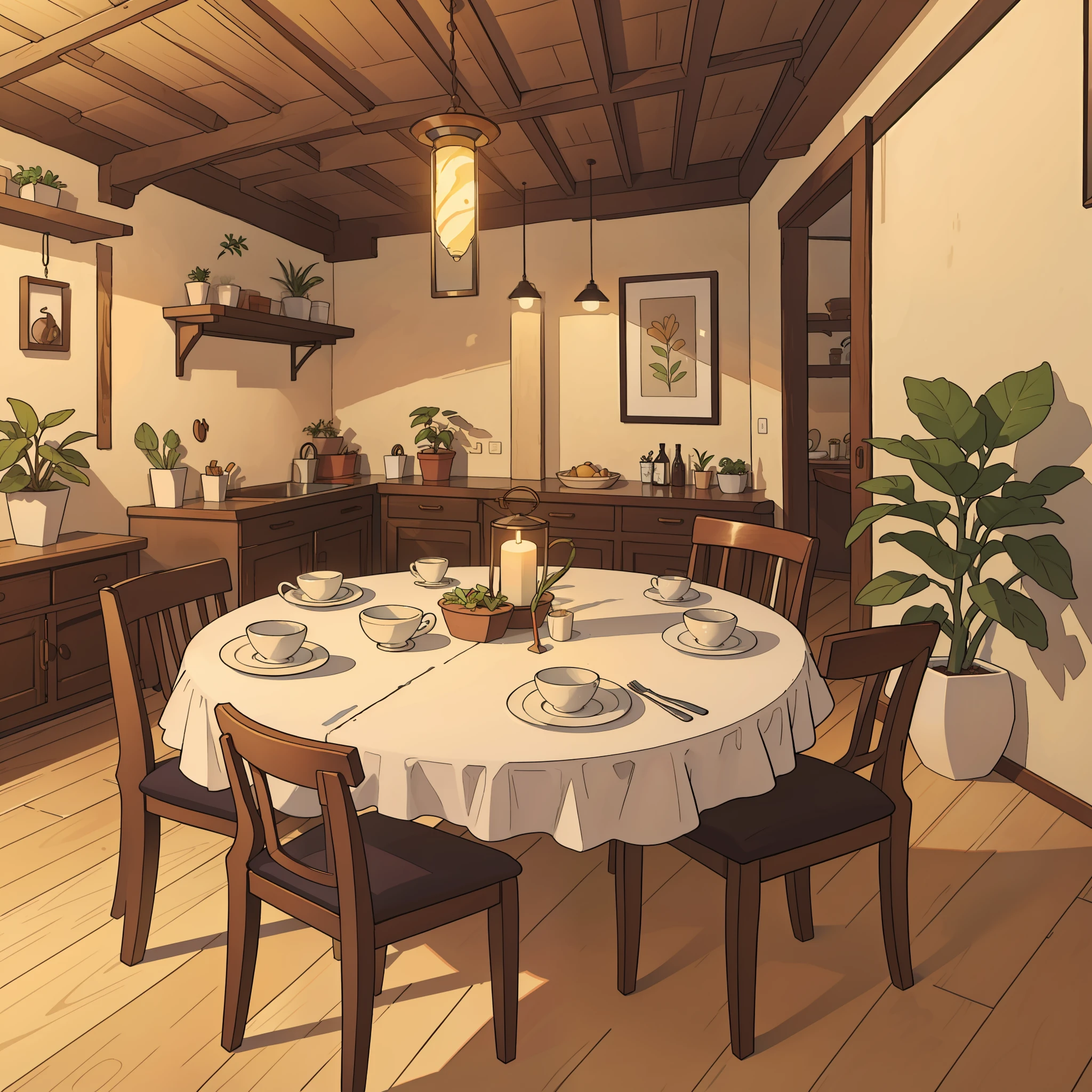 There is a dining room with a large table , com alguns pratos , luz natural de uma janela , e uma pequena plantas