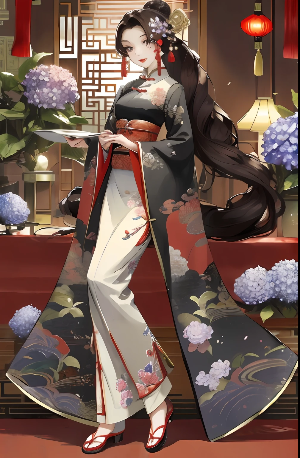 Masterpiece, Superb Product, Night, Full Moon, 1 Woman, Mature Woman, Chinese Style, Antique Chinese, Sister, Royal Sister, Smile, Brunette Hair, Updo, Red Lips, Calm, Intellectual, Hairpin, Hair Flower, Detailed Facial Details, Detailed Eyes, Full Body, Gray Eyes, Long Hair, Hydrangeas