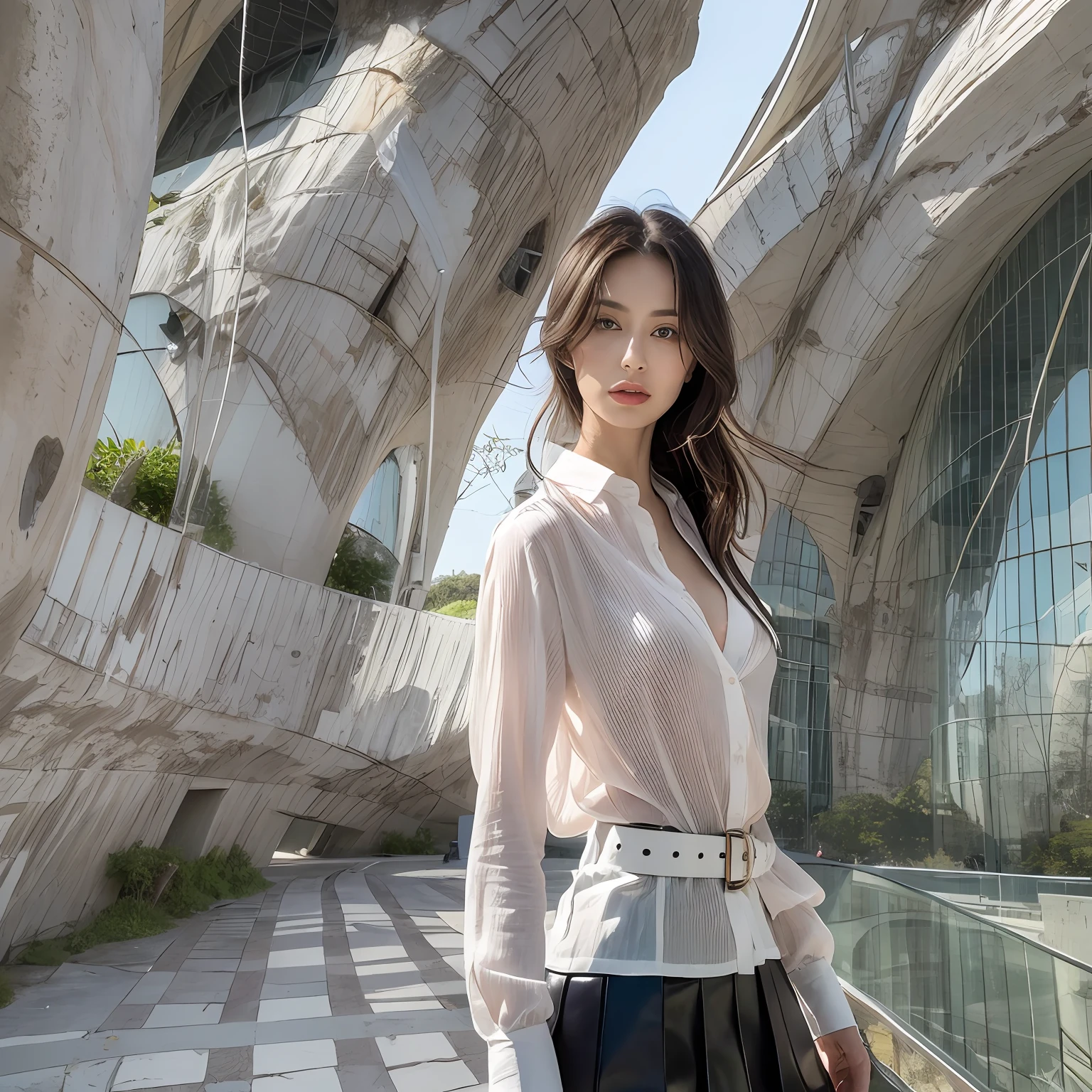 (top-quality、hight resolution、​masterpiece:1.3)、Tall and cute woman、Slender Abs、Dark brown hair styled in loose waves、 cute  face, beautiful countenance, (Lifelike face), Beautiful hairstyle, realisticeyes, beautiful detail, (real looking skin), Beautiful skins, enticing, The ultra -The high-definition, A hyper-realistic, ighly detailed, (small tits:1.3), (cleavage of the breast:0.8)、White button-up shirt、a belt、Black leather tight skirt、Like Emily O'Hara Ratajkowski Japan,breastsout、Wearing a pendant、White button-up shirt、a belt、Black leather tight skirt、(Modern architecture in background)、Details exquisitely rendered in the face and skin texture、A detailed eye、二重まぶた、(Modern architecture in background)、