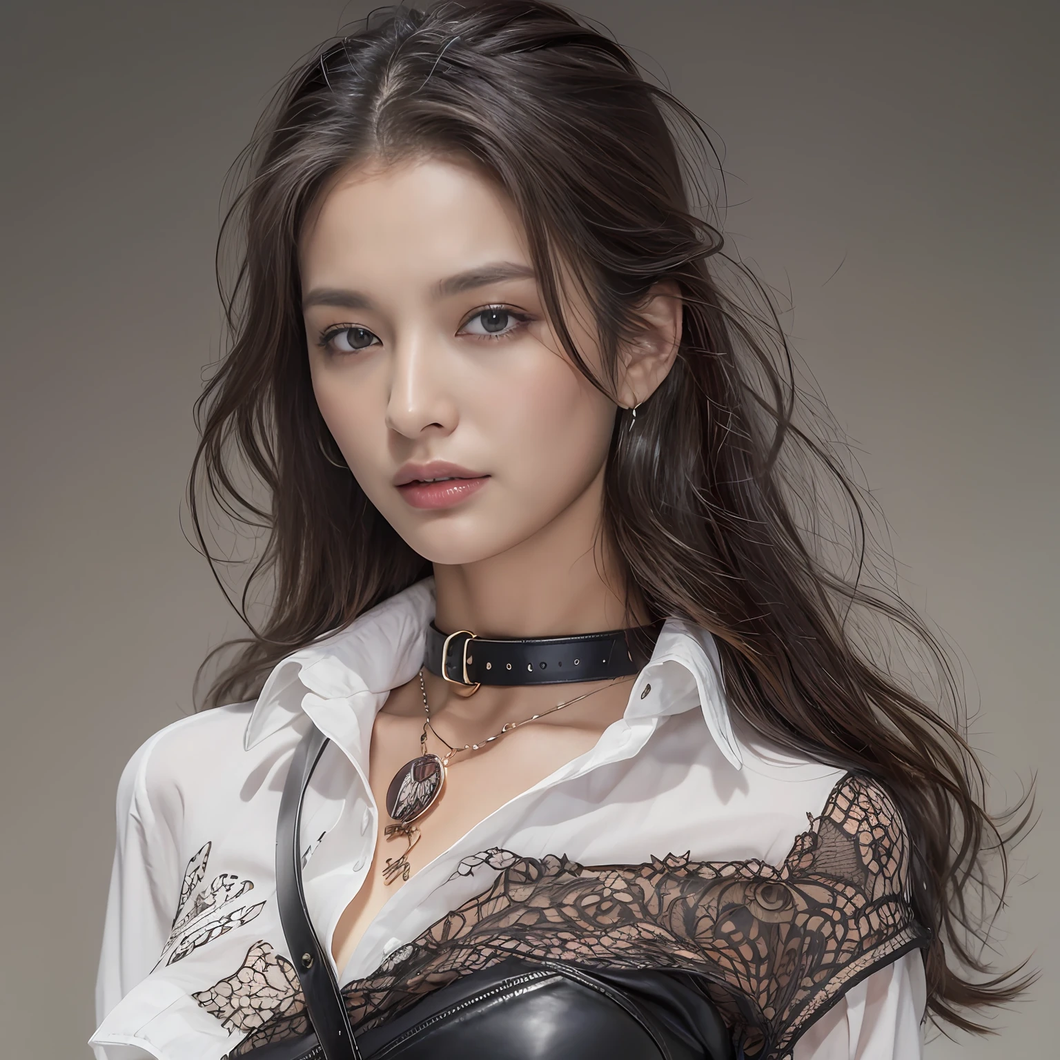 (top-quality、hight resolution、masterpiece:1.3)、Tall and cute woman、Slender Abs、Dark brown hair styled in loose waves、 cute face, beautiful countenance, (Lifelike face), Beautiful hairstyle, realisticeyes, beautiful detail, (real looking skin), Beautiful skins, enticing, The ultra -The high-definition, A hyper-realistic, ighly detailed, (small tits:1.3), (cleavage of the breast:0.8)、White button-up shirt、a belt、Black leather tight skirt、Like Emily O'Hara Ratajkowski Japan,breastsout、Wearing a pendant、White button-up shirt、a belt、Black leather tight skirt、(Modern architecture in background)、Details exquisitely rendered in the face and skin texture、A detailed eye、二重まぶた