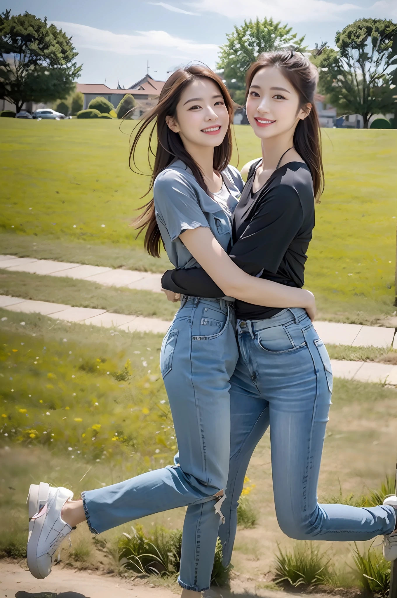 （RAW photogr，超高分辨率，tmasterpiece，best qualtiy：1.4），Complicated details，2 20 year old Korean girl，Wear a loose black T-shirt and skinny jeans，Stand on the grass and take pictures，hugs，Intimate relationships，Detailed meadow，A sweet smile on a small face，The face and skin are pink and fair，Ultra-realistic facial details，Playful and coquettish pose，The calves are straight and slender:1.5，Wear high-end branded colorful travel shoes:1.5，eventide，warm color，Broad lighting，naturalshadow，Shoot from the back，Beautiful waist and hips，taking a full body photo:1.8