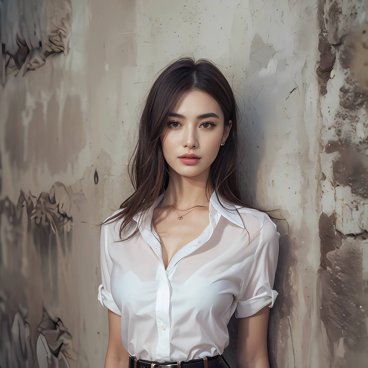 (top-quality、hight resolution、masterpiece:1.3)、Tall and cute woman、Slender Abs、Dark brown hair styled in loose waves、 cute face, beautiful countenance, (Lifelike face), Beautiful hairstyle, realisticeyes, beautiful detail, (real looking skin), Beautiful skins, enticing, The ultra -The high-definition, A hyper-realistic, ighly detailed, (small tits:1.3), (cleavage of the breast:0.8)、White button-up shirt、a belt、Black leather tight skirt、Like Emily O'Hara Ratajkowski Japan,breastsout、Wearing a pendant、White button-up shirt、a belt、Black leather tight skirt、(Modern architecture in background)、Details exquisitely rendered in the face and skin texture、A detailed eye、二重まぶた
