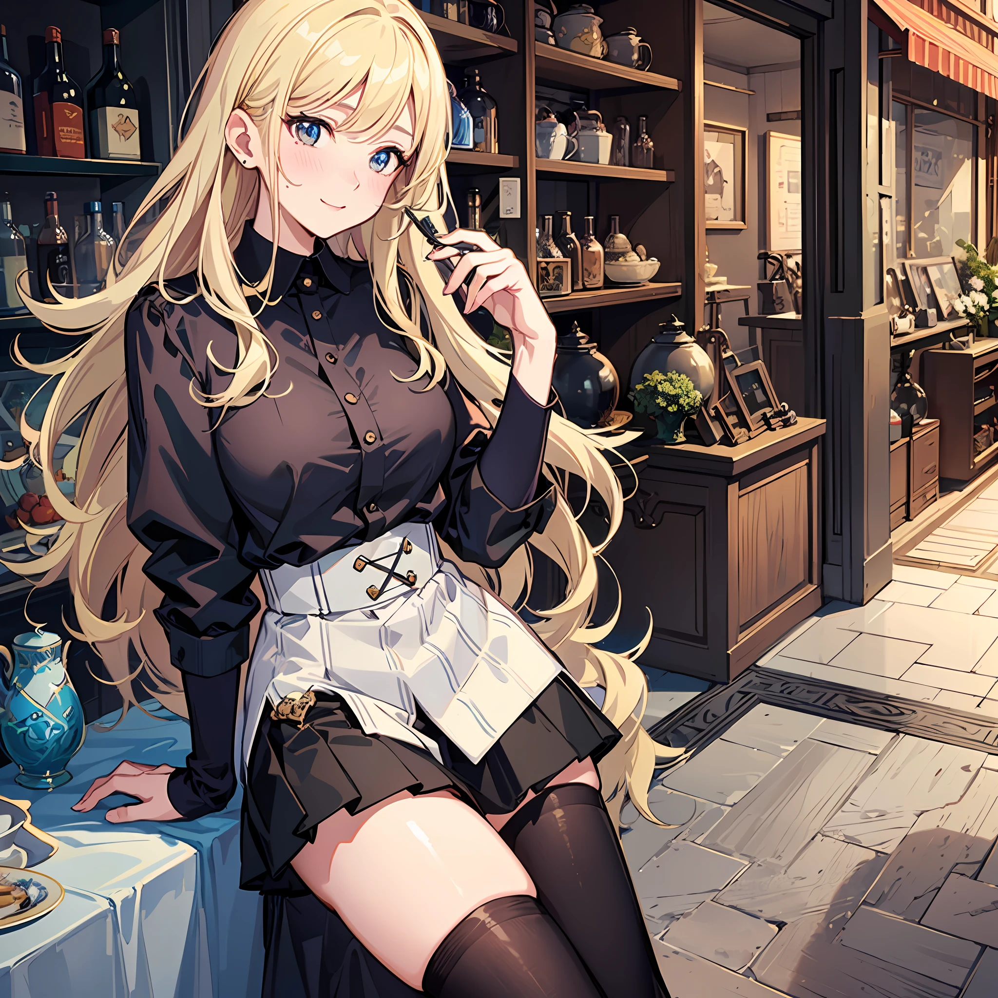 1 mature woman，(Long fluffy blonde hair:1.6)，Business suit，Skirt that wraps hips，black long socks，Mature and beautiful，In quaint streets，The streets are lined with antique vendors selling vases, porcelain, and antique paintings，shy, blush, happy, ear blush, glint, full-face blush，looking at viewert，Ultra-detailed CG，Exquisite facial features，Clear facial expressions，Detailed digital anime art，Digital anime art，High quality anime art style