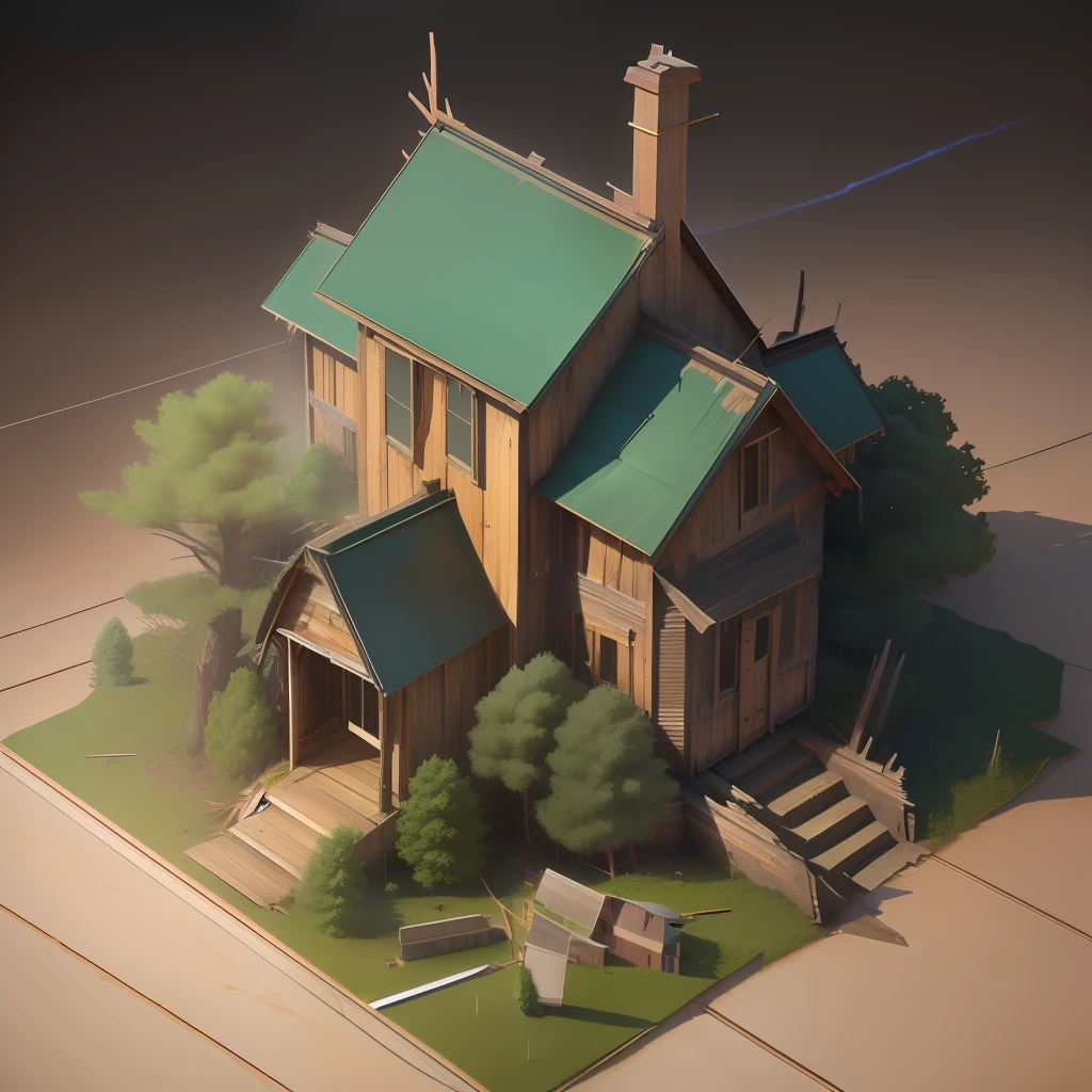 Old wreckage wooden house in the middle of golden rice feild (time 12 noon) (cinematic lightning output) super detailed (3D) after storm effects, realistic.