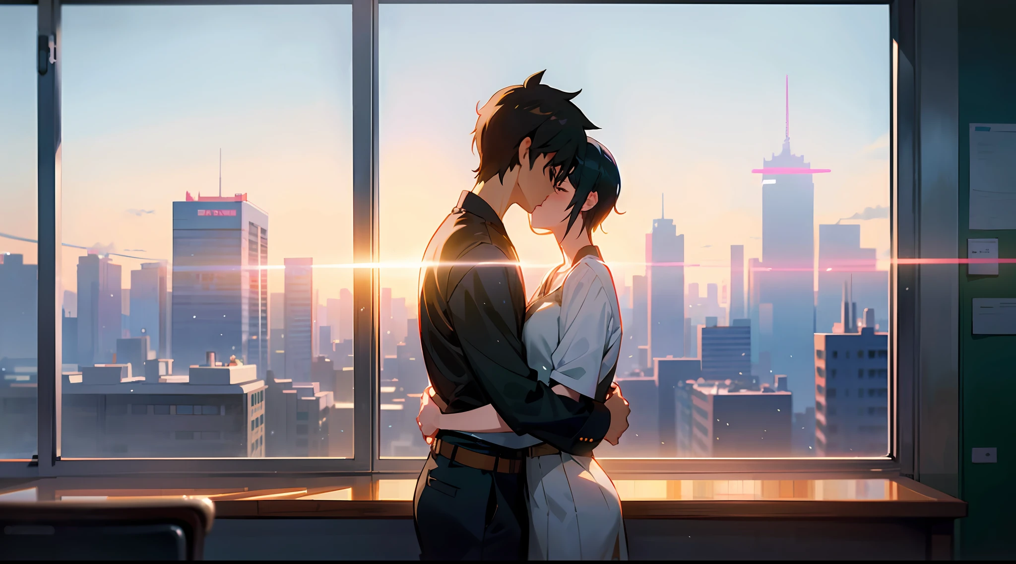 anime boy kissing his girlfriend in a classroom with other students, guweiz and makoto shinkai, sakimichan and makoto shinkai, makoto shinkai and (cain kuga), inspired by Okumura Togyu, ross tran and makoto shinkai, makoto shinkai. —h 2160