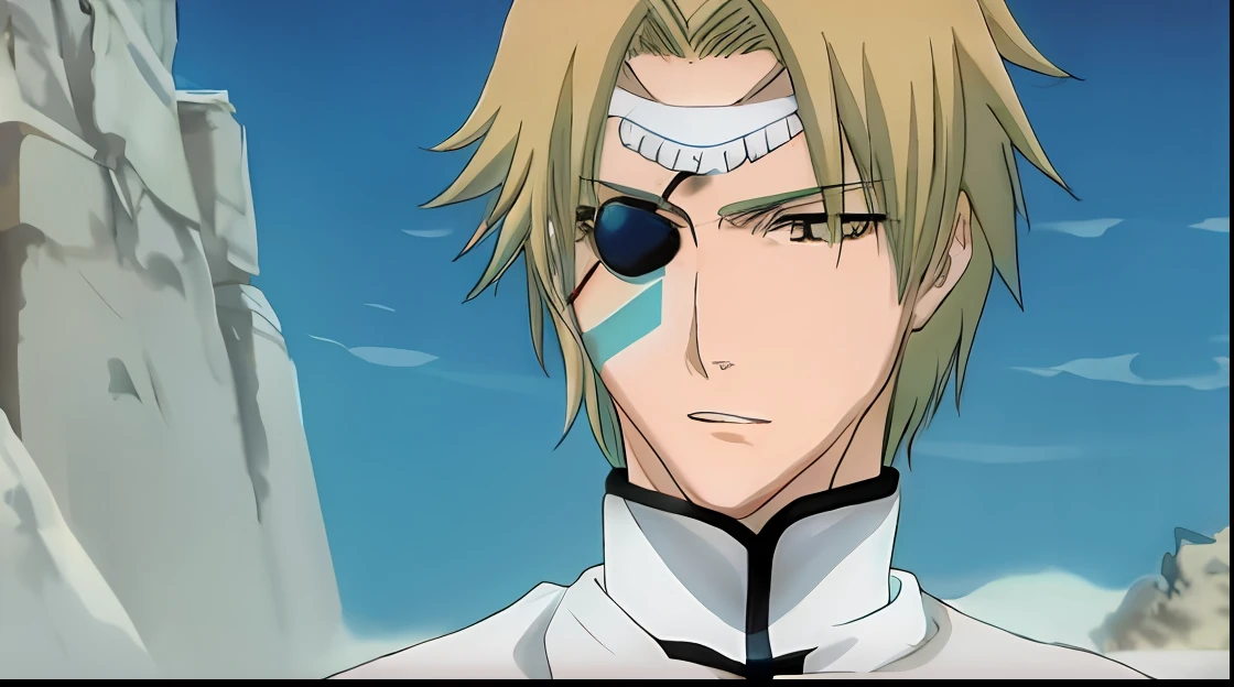 um close up de uma pessoa com uma camisa branca e tapa-olho preto, Okita Sougo, Ichigo Kurosaki, ele usa um tapa-olho, tapa-olho, Sougo Okita, usando um tapa-olho, Furio Tetesschi, como um personagem de anime, bleach manga style, sorriso roguish, anime raposa branca, Akiyuki Shinbou, Cabelos castanho escuro