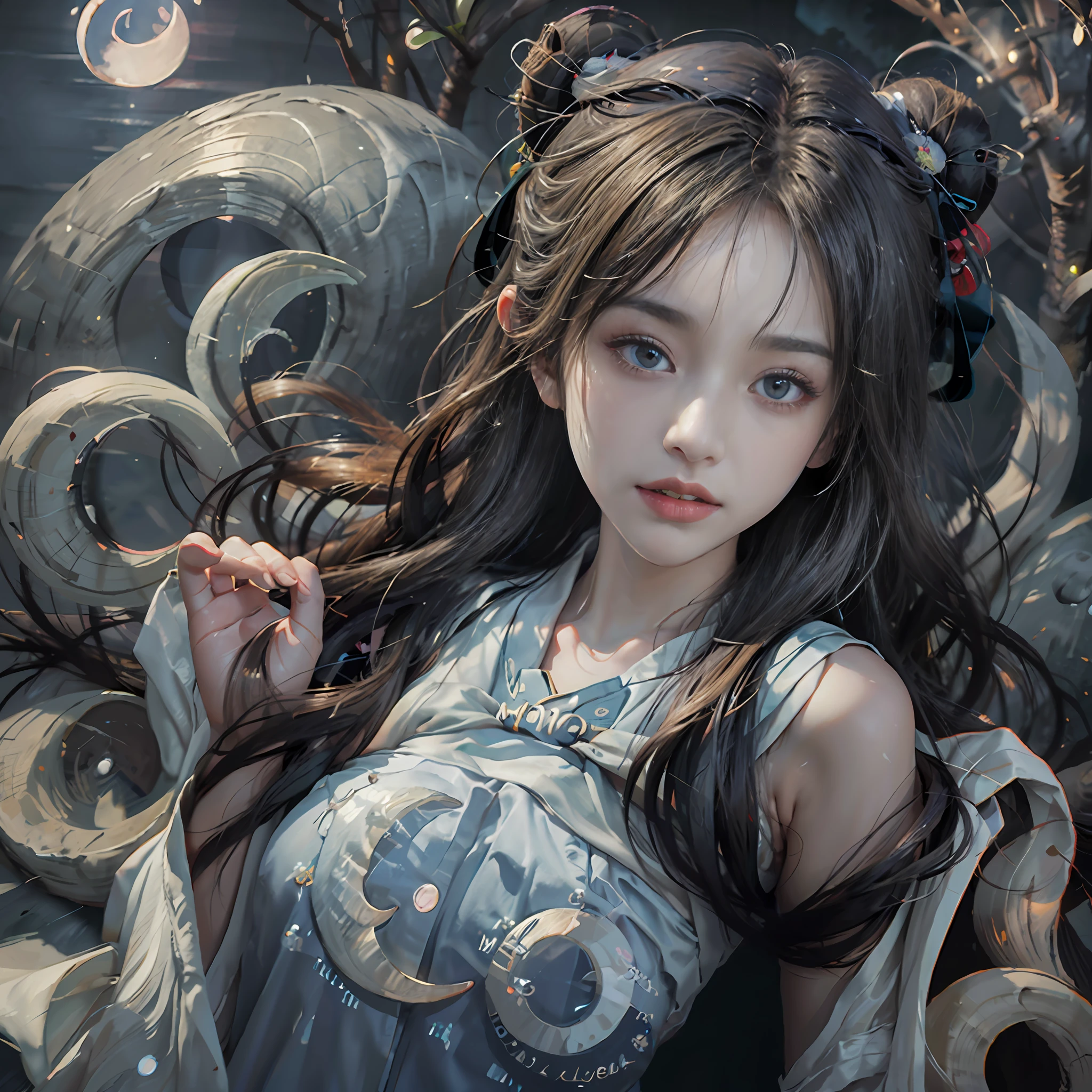 a 20-year-old woman, a girl Chinese fairy, gloom face, beautiful Chinese fairy tale face, beautiful face without flaws, slender body, fair skin, thin and beautiful lips, soft smile, keep your mouth shut again, (The scene of the moonlight is magical:1.8), the full moon shines, moonlight, the moon, (luxury house in ancient Chinese style:1.2), Chinese-style bun hair, shiny black hair, flying hair, long hair, blue eyes sad gaze, twinkle eyes, big round eyes and very nice and detailed makeup , holy woman body, breasts round, big and round breasts, a beautiful face in detail and well-proportioned eyes, meticulous makeup, drooping arms, Realistic and vivid images, stars that make up the sky, sexy body, most beautiful eyes, picture perfect eyes, beautiful saint and flowers, jewelry, beautiful face, upper body, hanfu, high resolution, best quality, best photo, 8k quality, 8k ultra, surreal, best real life photo, hdr, high skin detail, Bokeh, Smooth and sharp, 10x pixel increase, fictional art, 8k CGI, realistic, medium shot, (upper body), (white hanfu:1.8), by Mappa, five finger,