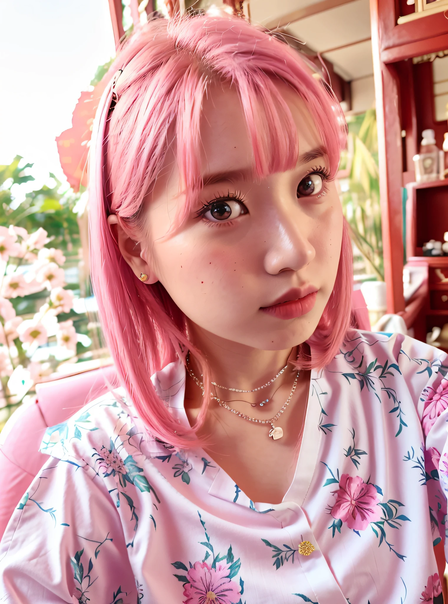 There was a woman wearing a floral shirt and necklace, 2 , ,8k selfie photograph, Chinese-style clothes,long whitr hair,largeeyes,Wear a hair card,A pink-haired