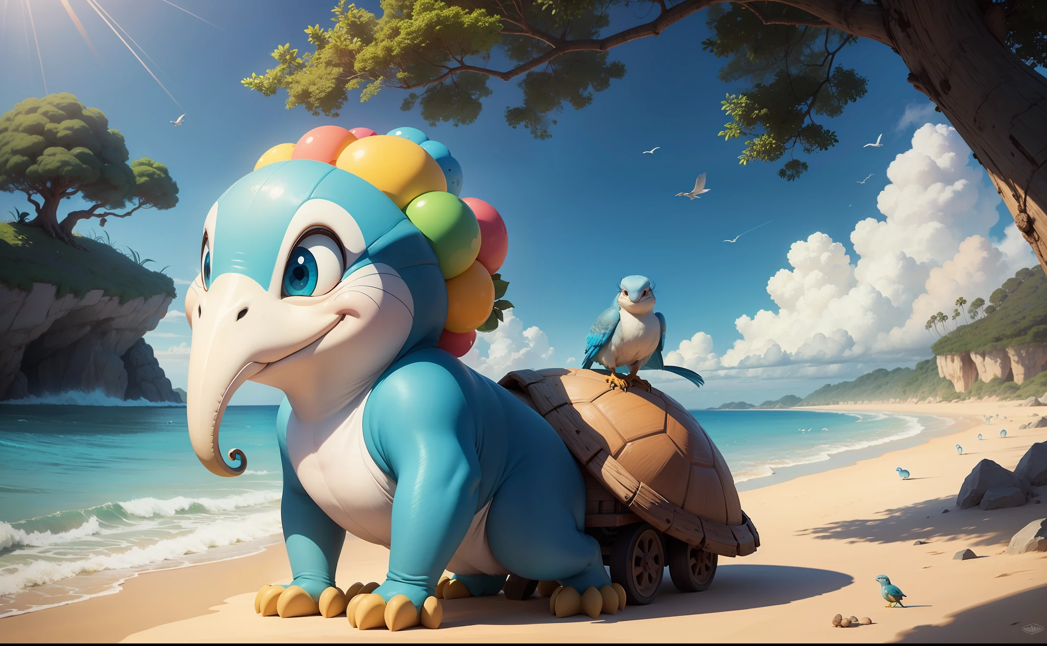 Era uma vez, em uma ilha encantada, animals of all species lived, Havia um macaco muito veloz, um elefante azul, a wise turtle and a cheerful bird. estilo desenho animado da disney --auto