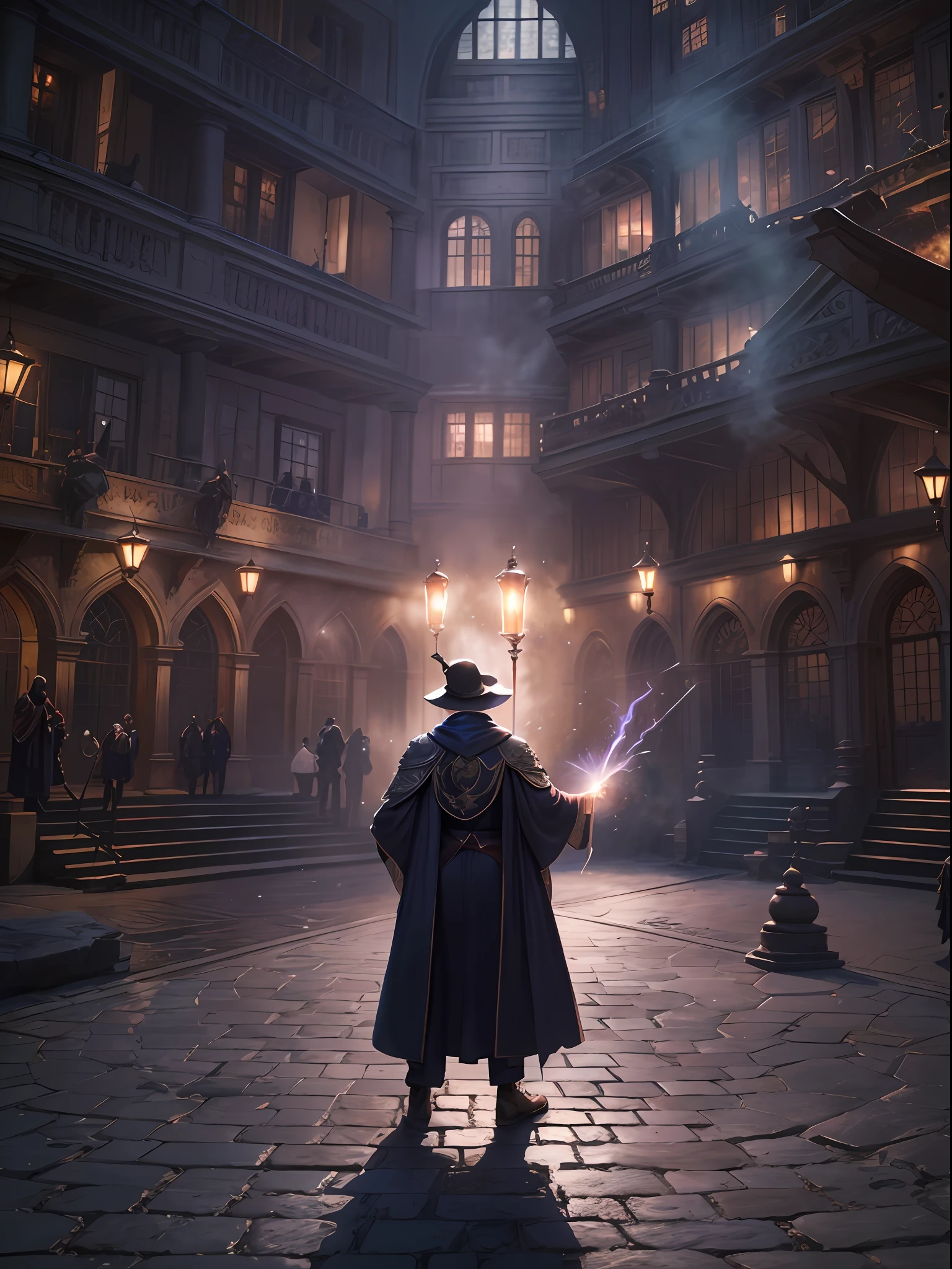 A magician stands in the square，Raise your wand in your right hand，Strike an offensive stance，The magic is being unleashed。Heads-up view，The posture is dynamic。Wear magic robes，Harry Potter，Complete body，4K textures, hdr, Highly detailed, Sharp focus, ultra - detailed，