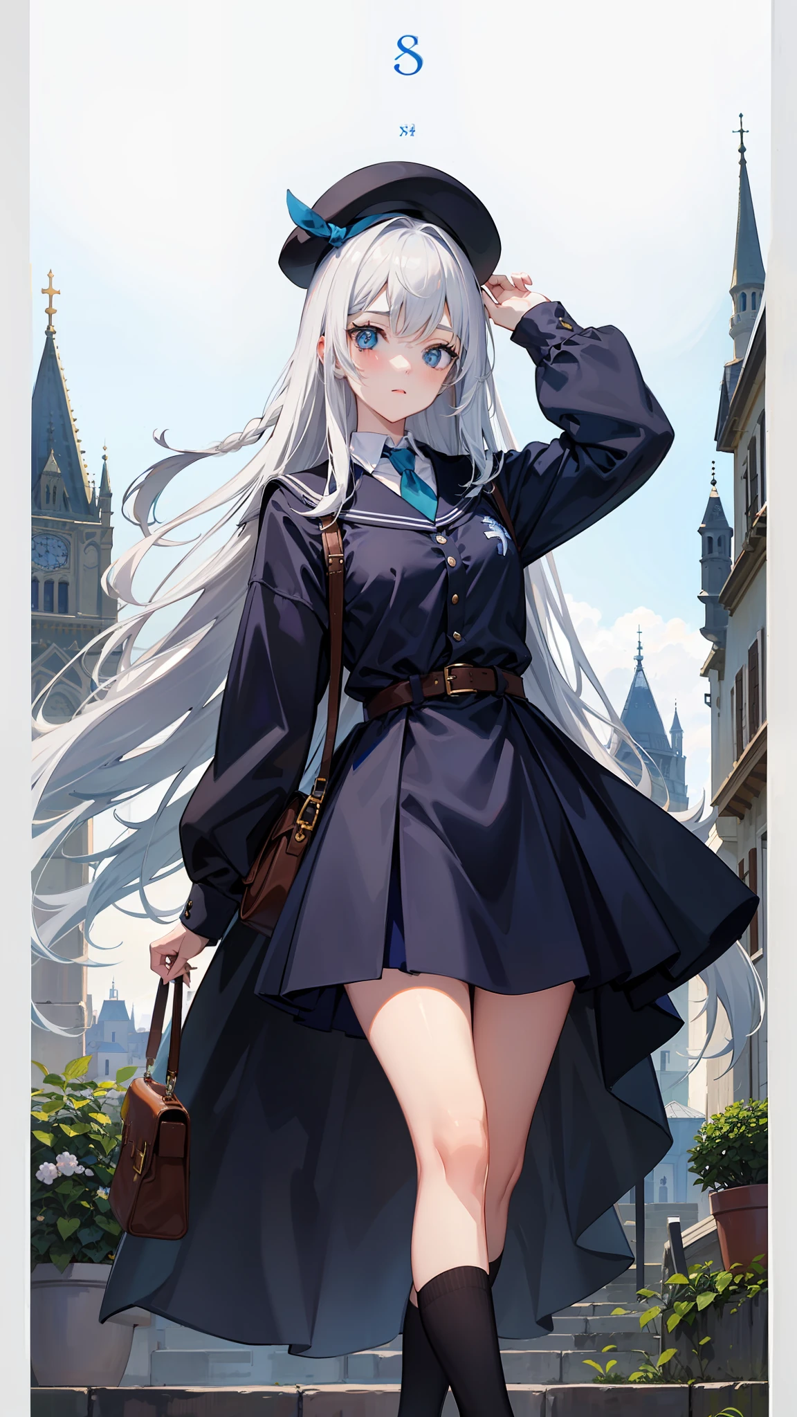 Medieval France,blue colors,schoolgirls,long whitr hair,high qulity,quadratic element