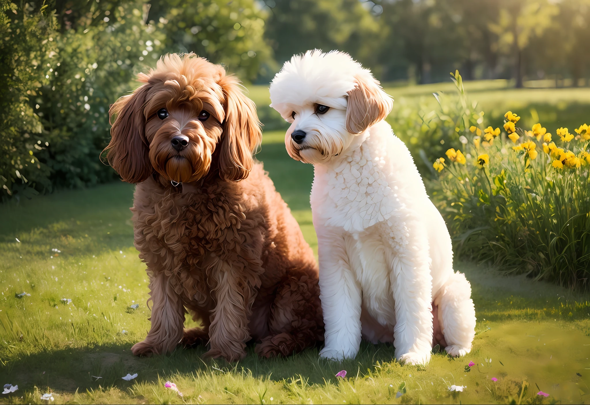 1teddy Dog, poodle, Bichon frise, lovable, champagne dog, full body champagne dog hair, dog eyes, light blue eye, sit, during the day, sitting on the prairie, filled with beautiful flowers, long hair, beautiful detailed eyes, extremely detailed eyes and face, light on face, cute, best quality, masterpiece, illustration, an extremely delicate and beautiful, extremely detailed ,CG ,unity ,8k wallpaper, Amazing, finely detail, masterpiece, best quality, official art, extremely detailed CG unity 8k wallpaper, ultra-detailed, highres, extremely detailed, (best quality), (realistic, photo-realistic:1.2), 8k, soft lighting, high quality, official art, extremely detailed CG unity 8k wallpaper, cinematic lighting.