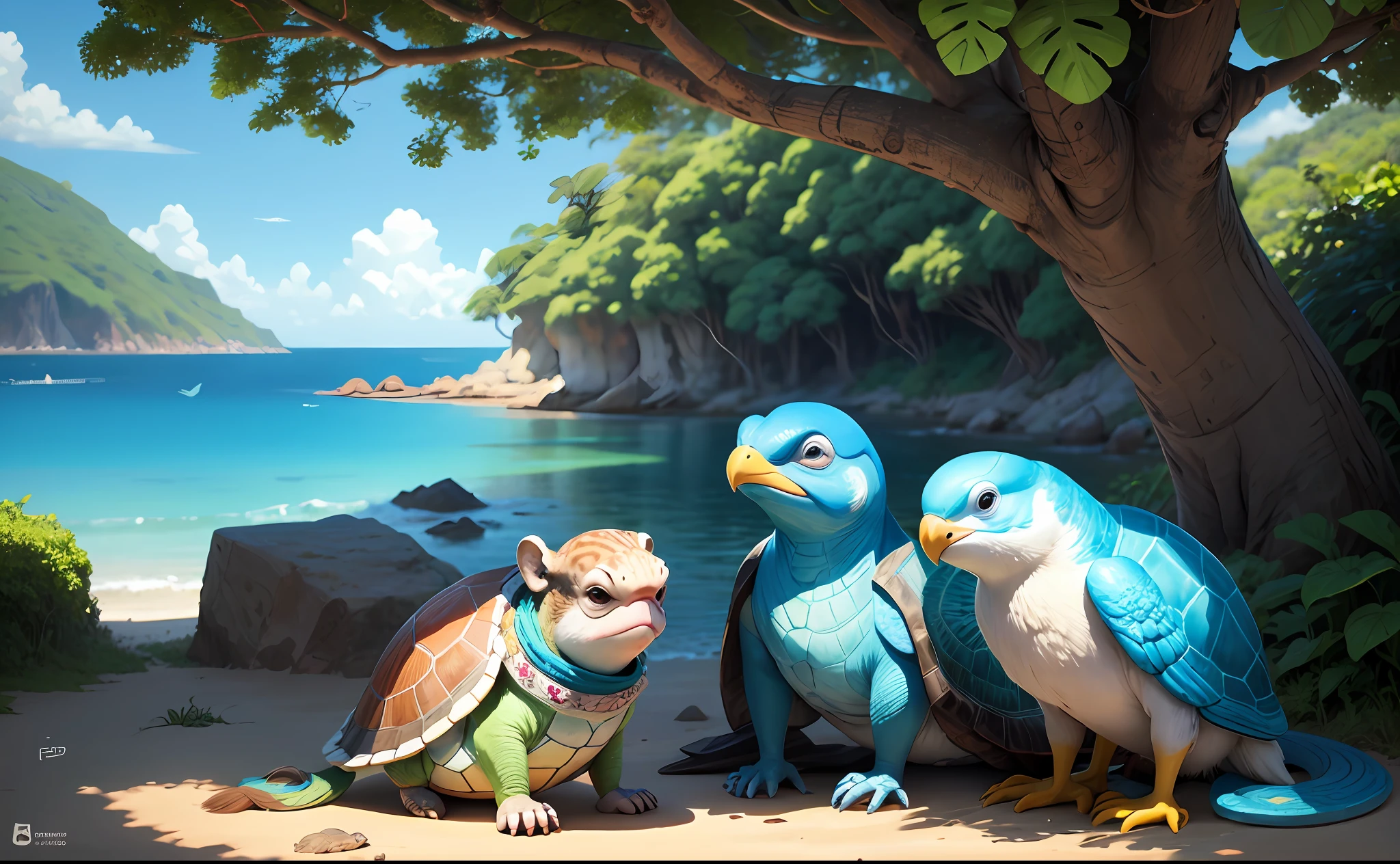 Era uma vez, em uma ilha encantada, lived animals of all kinds, Havia um macaco muito veloz, um elefante azul, a wise turtle and a cheerful bird. estilo desenho animado --auto