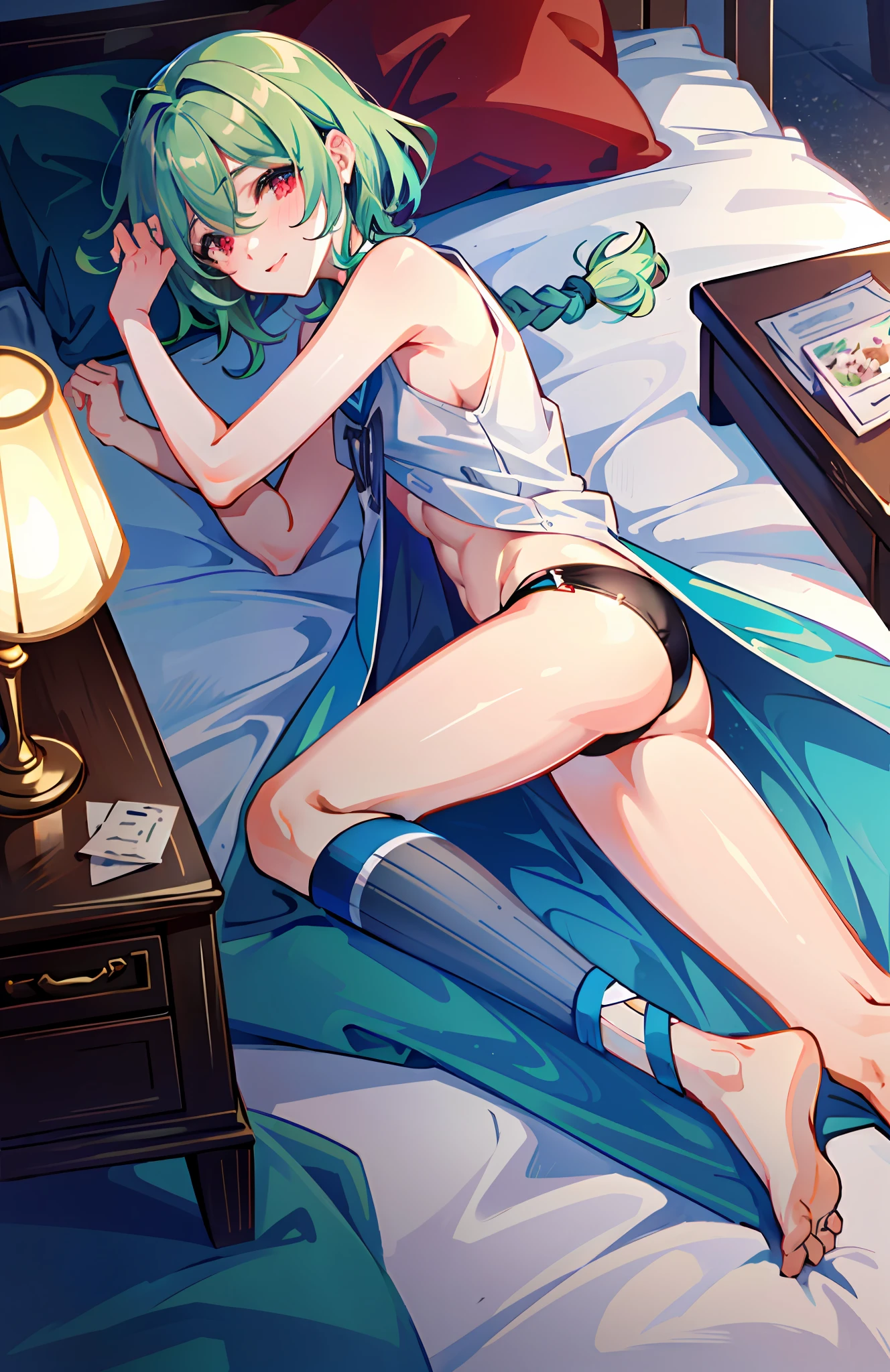 ((Masterpiece)),(((Best quality))), (high high quality, Breathtaking),(Expressive eyes, Perfect face), 1boy, Solo, Male, short, Young, younge boy,Green hair,There are separate braids, Red eyes, Smiling, shirt, small underwear in black, Naked boy,Lie down in bed, view the viewer, Ass focus, Blush, Bedroom,Boy student,Weave individually,,Boy student,Perfect abs,barechested,short detailed hair