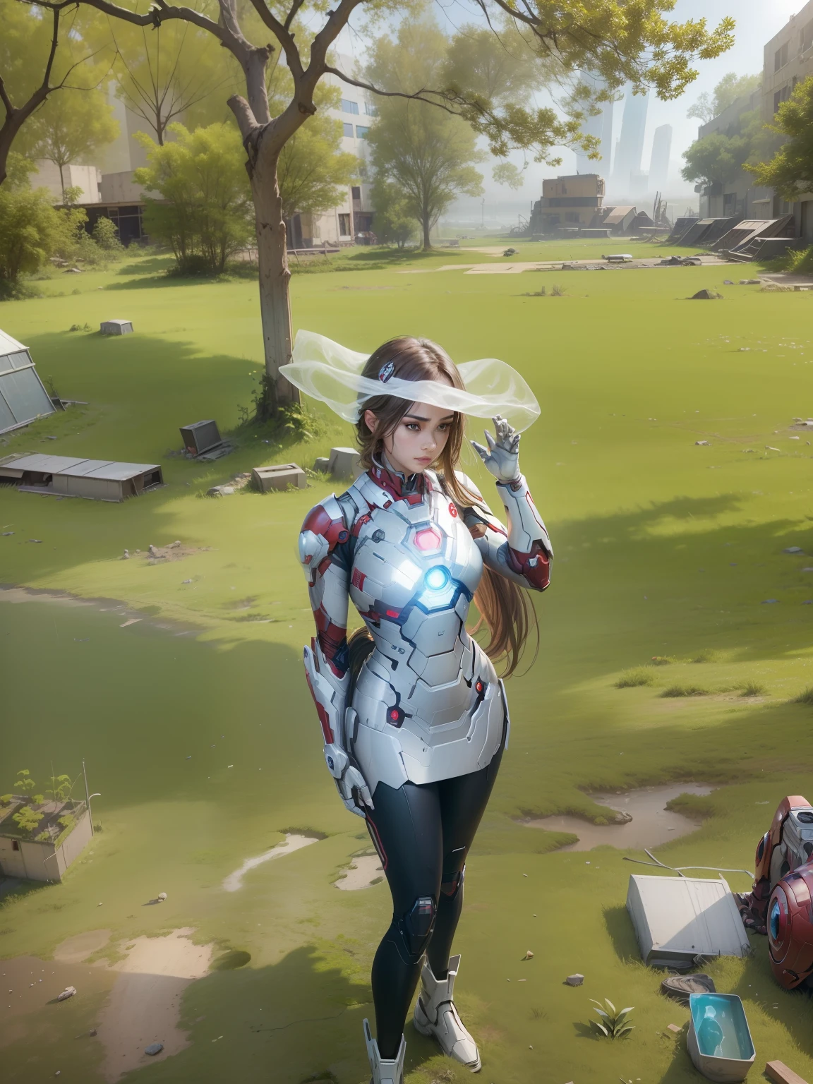 change cloths to iron man suit, RAW, Masterpiece, Ultra Fine Photo,, Best Quality, Ultra High Resolution, Photorealistic, Sunlight, Full Body Portrait, Stunningly Beautiful,, Dynamic Poses, Delicate Face, Vibrant Eyes, (Side View) , she is wearing a futuristic Iron Man mech, red and gold color scheme, highly detailed abandoned warehouse background, detailed face, detailed and complex busy background, messy, gorgeous, milky white, high detailed skin, realistic skin details, visible pores , sharp focus, volumetric fog, 8k uhd, dslr camera, high quality, film grain, fair skin, photorealism, lomography, sprawling metropolis in futuristic dystopia, view from below, translucent --auto