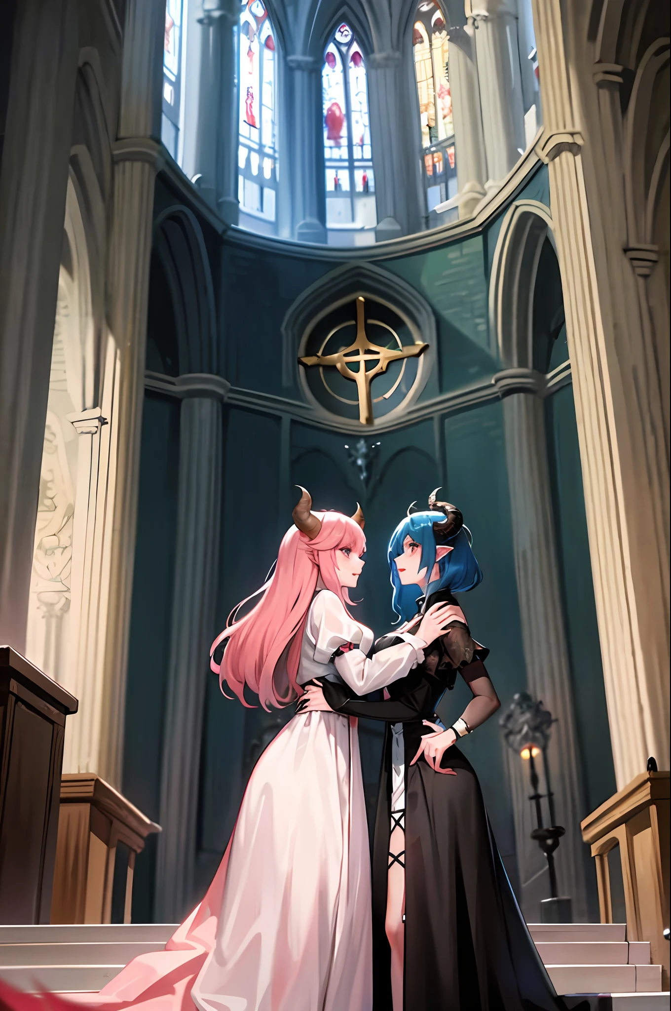 It has 2 female demons, The 1st female demon has pink hair and fox ears, busto e seios enormes e usa um vestido preto; The 2nd female demon has blue hair, busto e seios enormes e usa um vestido branco. Both are in a cathedral.