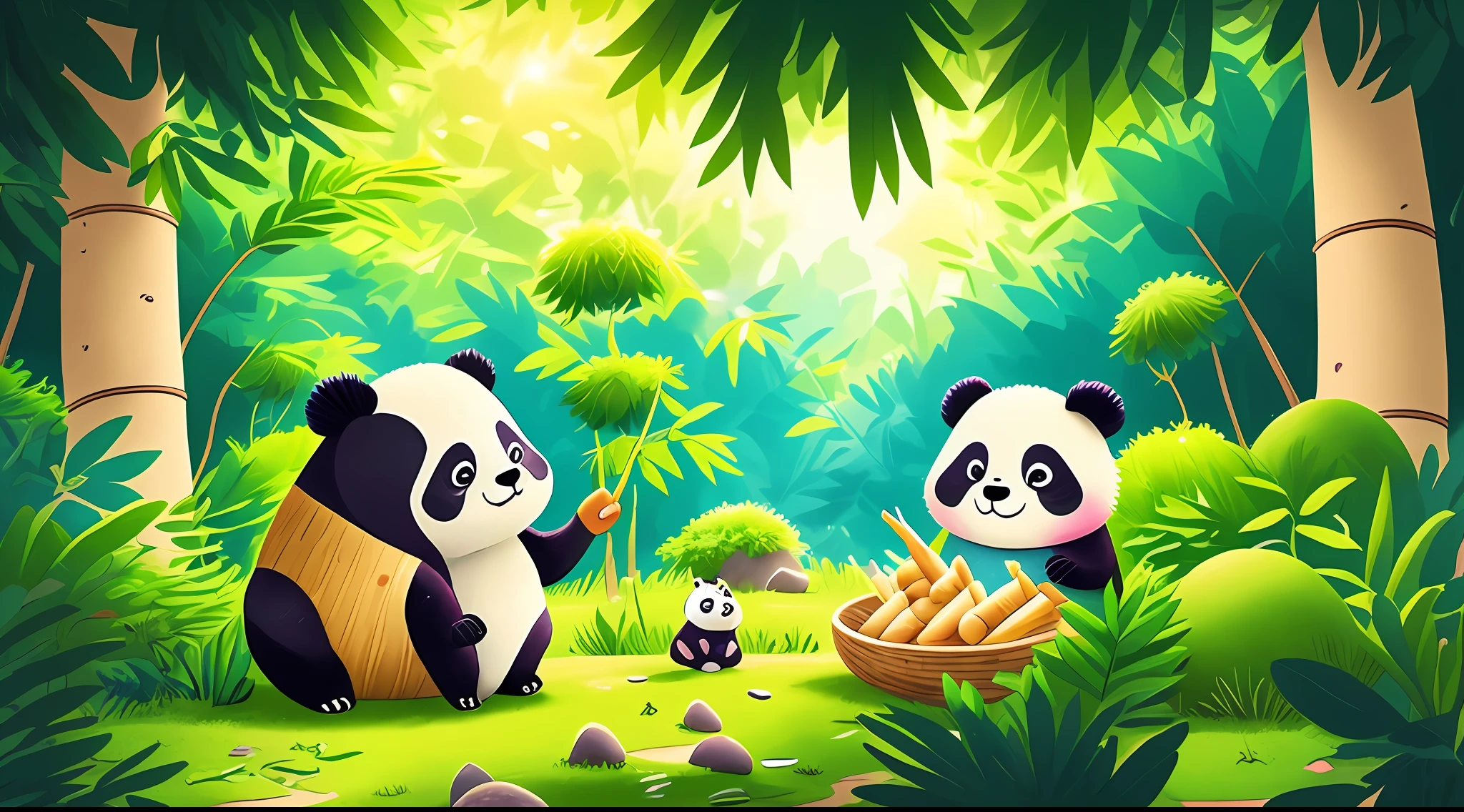 Draw a panda and enjoy delicious bamboo shoots in a bamboo forest in China。，Clear focus，（The picture is simple） （tmasterpiece：1.2） （realisticlying：1.2） （Bokeh） （best qualtiy） （simplistic details）