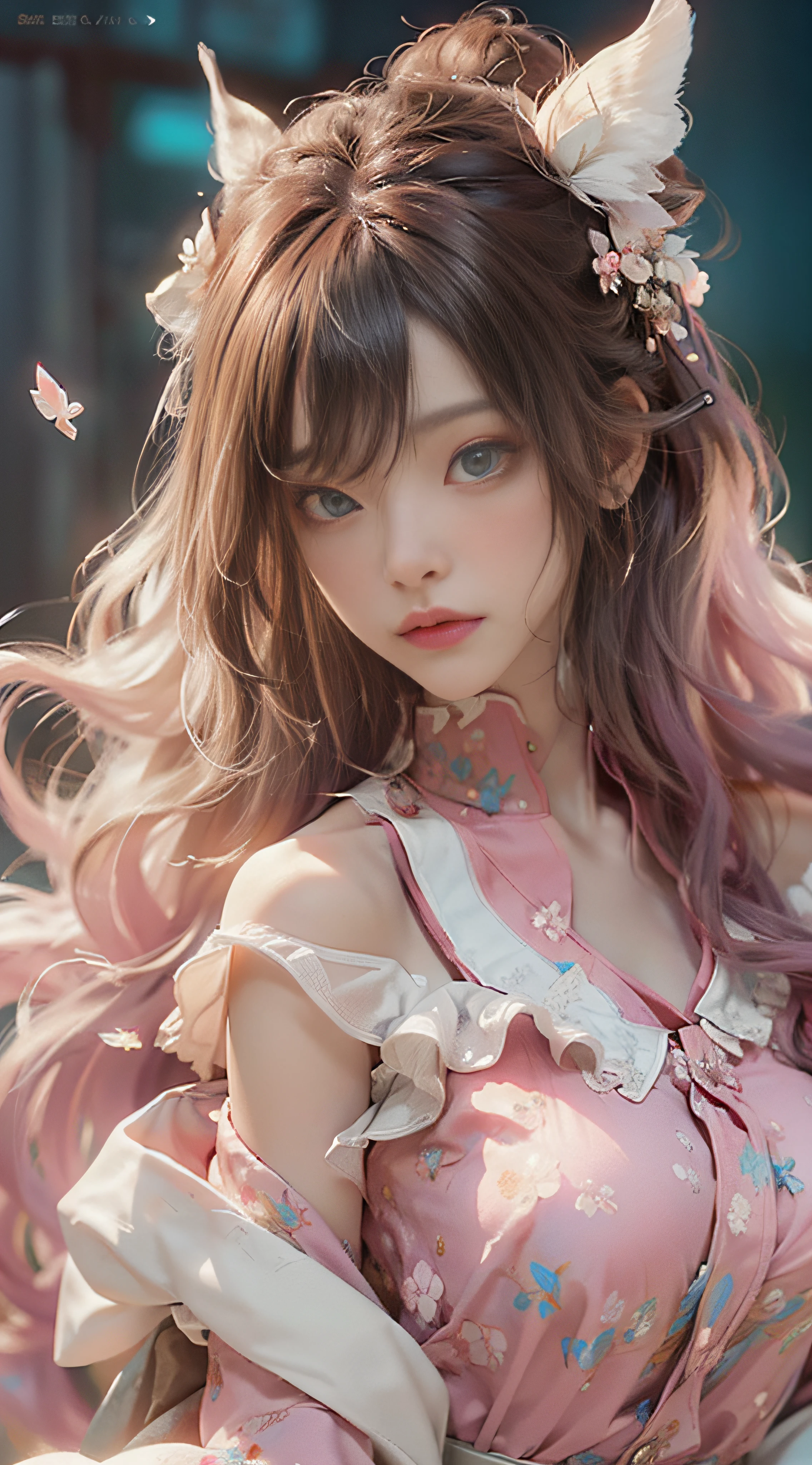((best qualtiy)), ((tmasterpiece)), (Detail:1.4), 3D, Beautiful cyberpunk female images,hdr(HighDynamicRange),Ray traching,NVIDIA RTX,Hyper-Resolution,illusory 5,sub surface scattering,PBR textures,post-proces,Anisotropy Filtering,depth of fields,maximum definition and sharpness,Many-Layer Textures,Albedo e mapas Speculares,Surface Coloring,Mitsu-Accurate simulation of material interactions,perfectly proportioned,rendering by octane,Two-colored light,largeaperture,Low ISO,White balance,Rule three points、8K raw data、beautiful bright pupils,off-the-shoulder clothes,Fine pupils,Delicate face and eyes,long eyelasher,Blushlush,Delicate and fluffy hair,pink lip,Pure,cute big breasts,Sweet girl,Artistic sense,Casual wear,Advancedsense,butterflys,Cherry blossom petal,Beautiful hair accessories,Long hair and waist,Hair fluttering in the wind