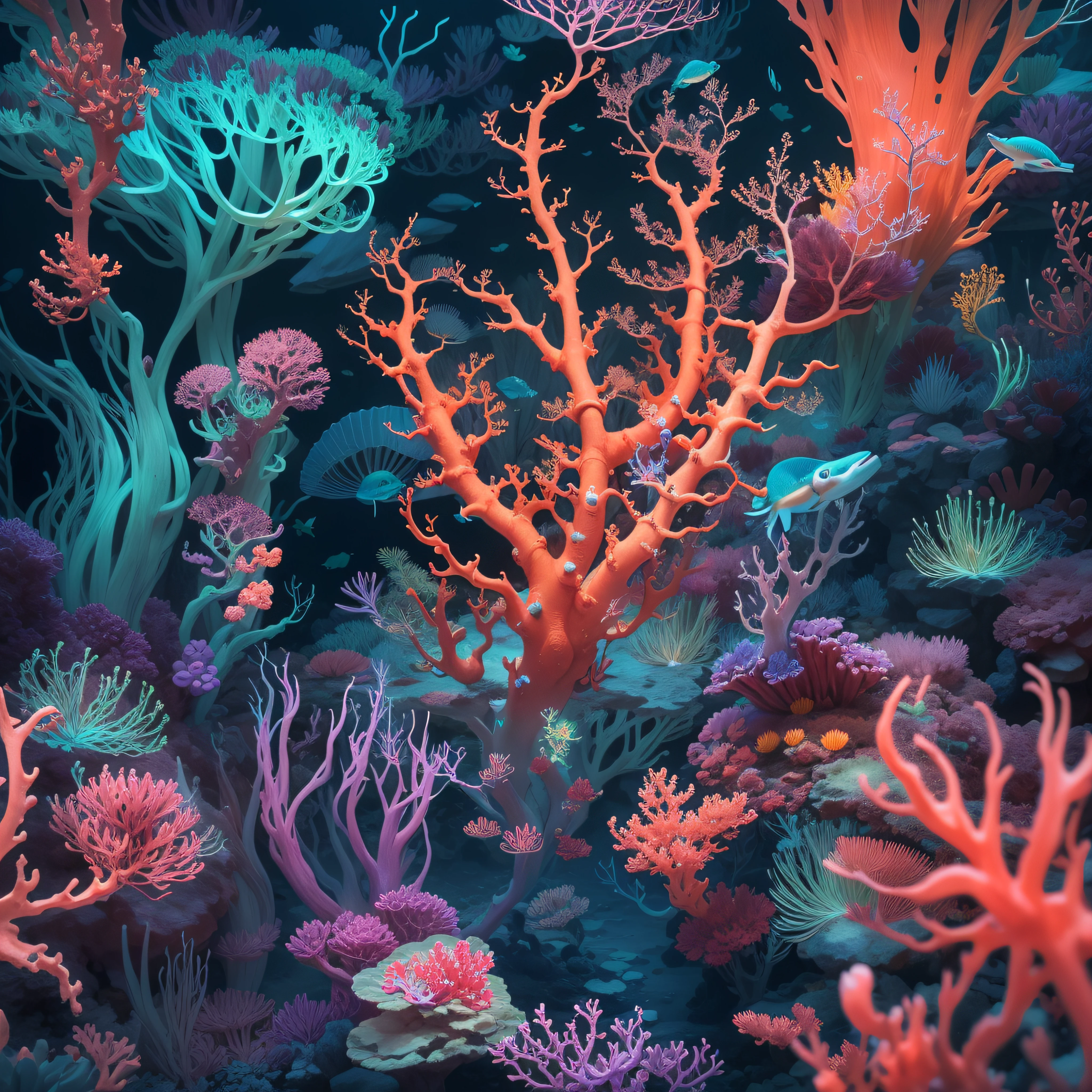 deep colors, Deep beneath the ocean's surface, a mesmerizing coral reef thrives in vibrant colors and shapes. Bioluminescent creatures dance among the coral, creating a breathtaking display of iridescent light. Delicate seahorses with flowing, translucent fins glide gracefully through the water, while schools of tropical fish paint the scene with their vibrant hues., 3d, droste effect photography, surreal photography, bioluminescence