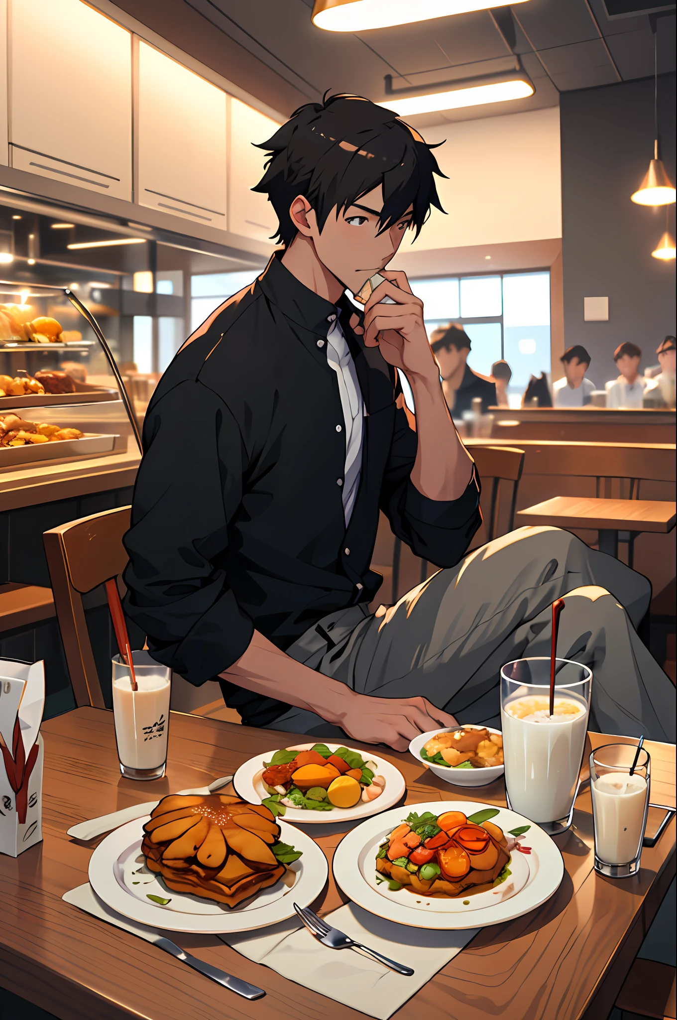 A tall young man sits at a table at the Welcome Home breakfast restaurant，While leisurely eating soy milk and fritters，A fragrant breakfast was laid out in front of him。Presented in the style of Makoto Shinkai。